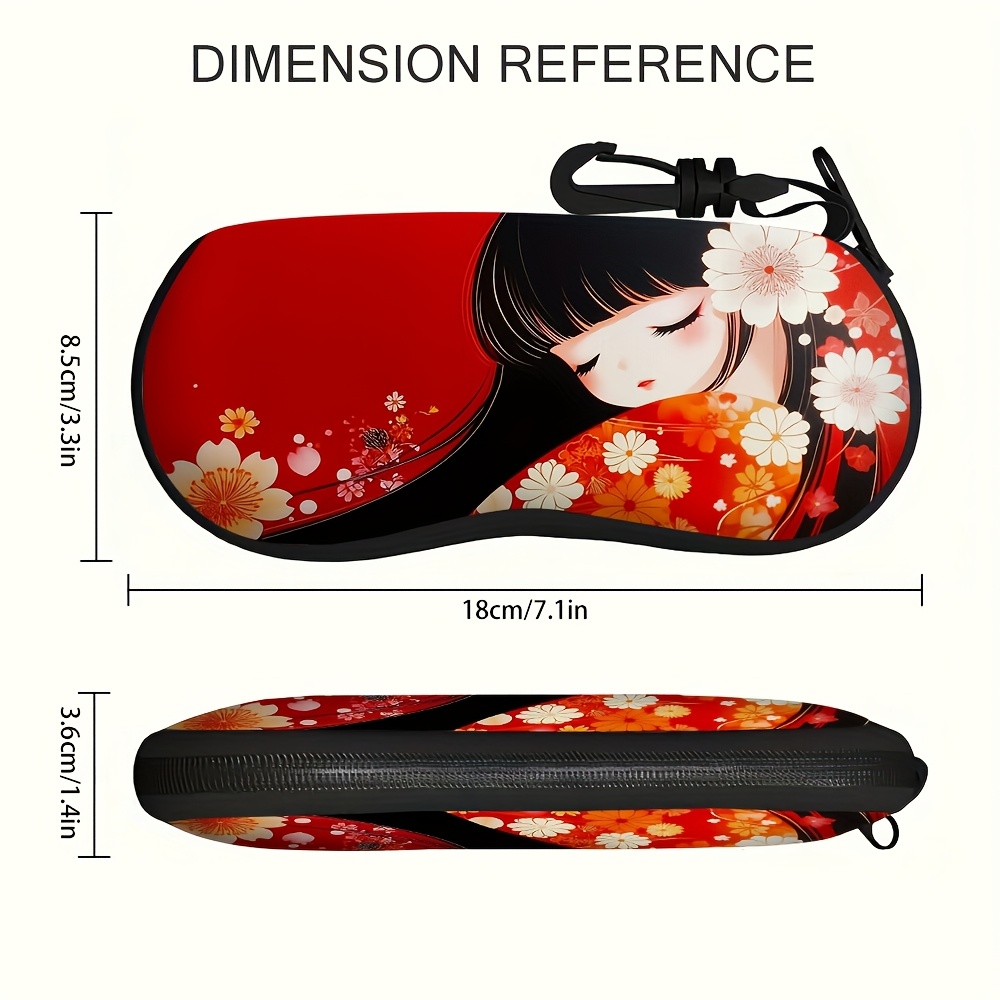 TEMU 1pc Modern Japanese Kokeshi Doll Design Glasses Case - Vibrant Floral Print, Lightweight With Zipper, Eyeglass Holder With Clip