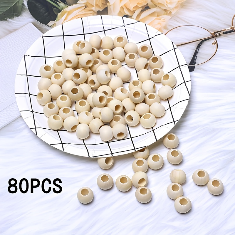 TEMU 80pcs 16Mm Perles à Gland en Bois Non , Perles Libres, Fournitures d'Artisanat, Perles d'Espacement en Bois à Grand Trou pour Crantés et