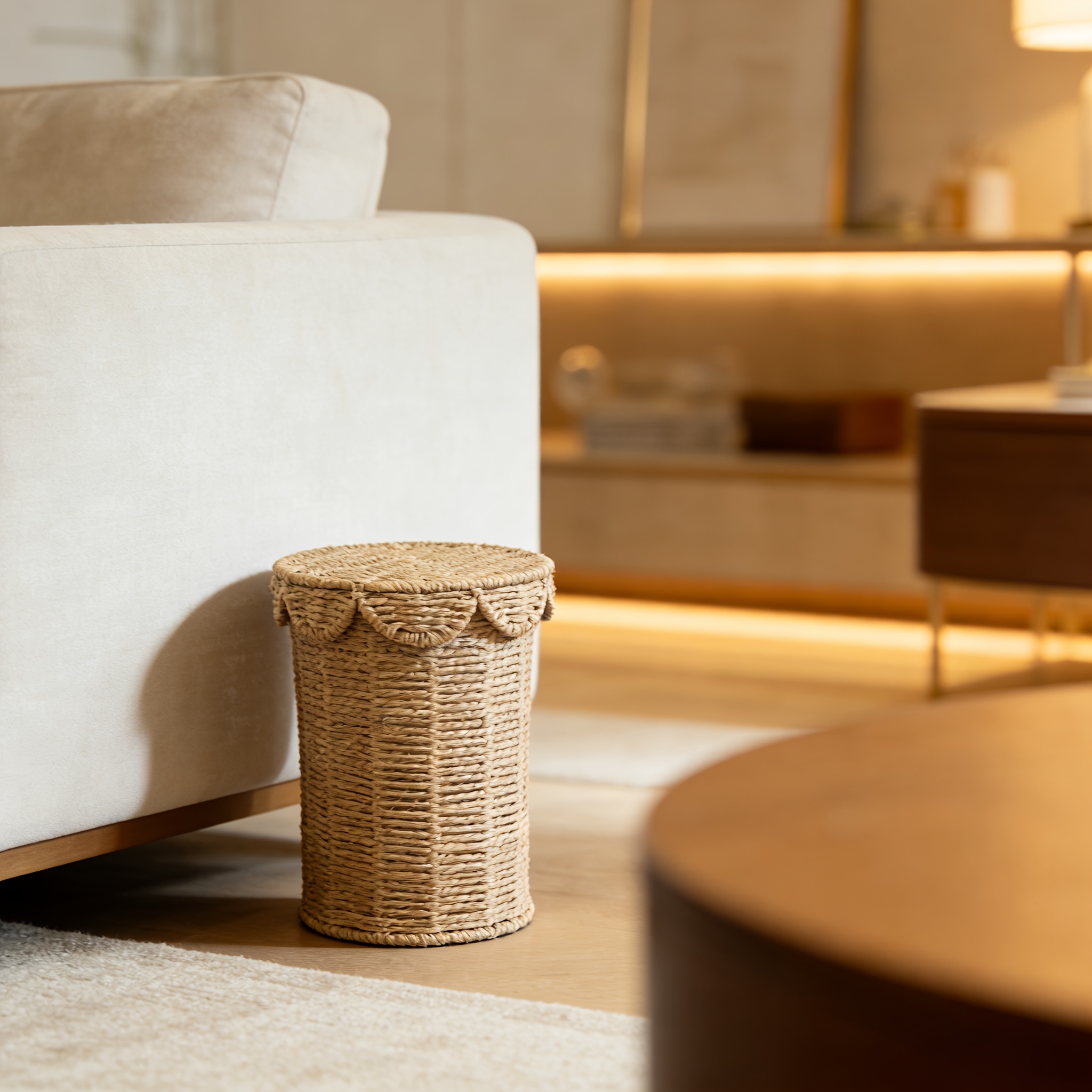 Nordic-Style Woven Trash Can with Lid for Household Use