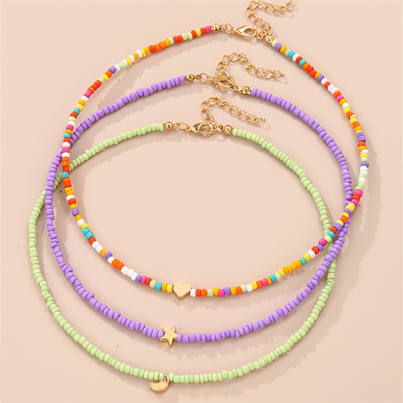 TEMU 3 collares de cuentas de estilo bohemio con , estrella y luna, diseño de bloques de color, para uso casual y combinación