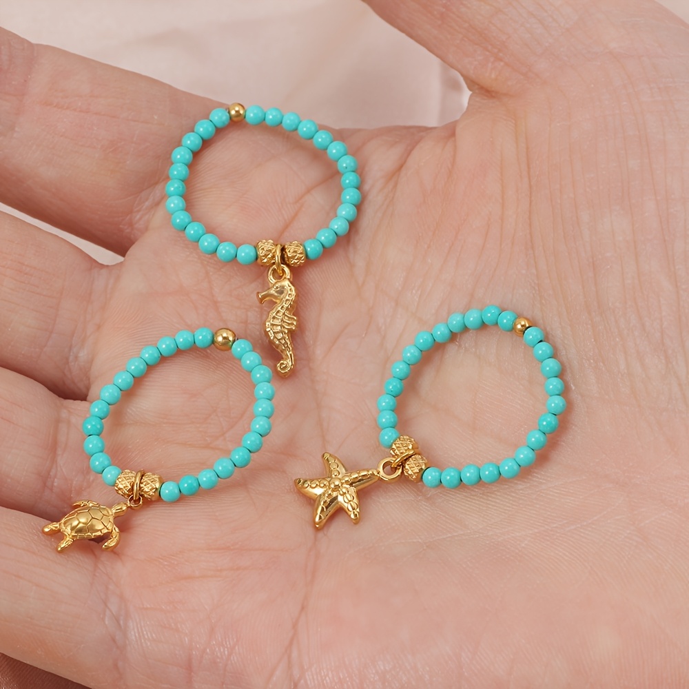 Ocean Style Beaded Ring - Adjustable Turquoise Stone Ring with Charms
