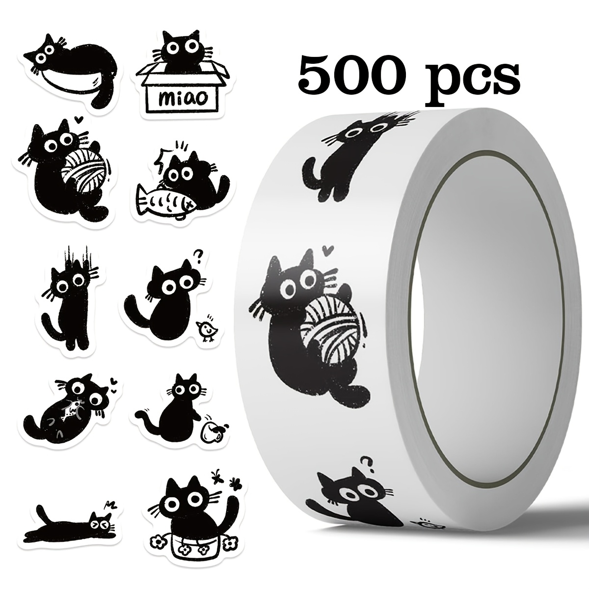 TEMU 500-pack Black Cat Roll Stickers, 1-inch Irregular Shape With 10 Repeating Cartoon Patterns, Office Stationery Sealing Stickers, Removable Pvc