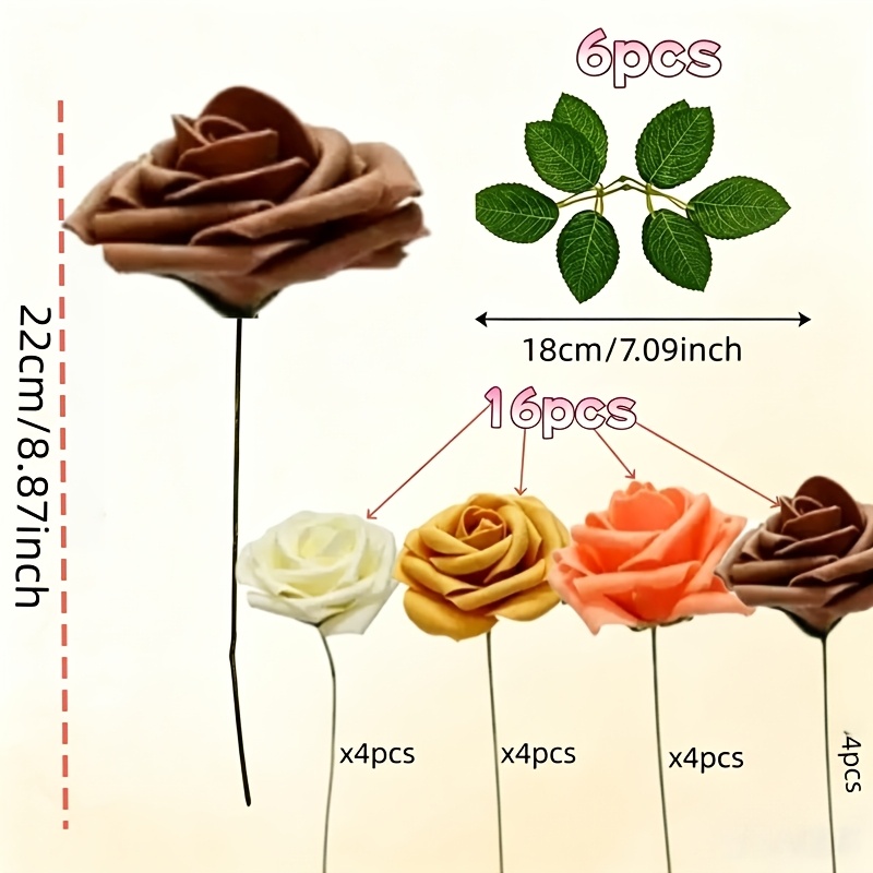 TEMU Set bouquet di rose artificiali da 22 pezzi 16 fiori artificiali e 6 foglie artificiali, rose realistiche con e foglie , fiori in schiuma