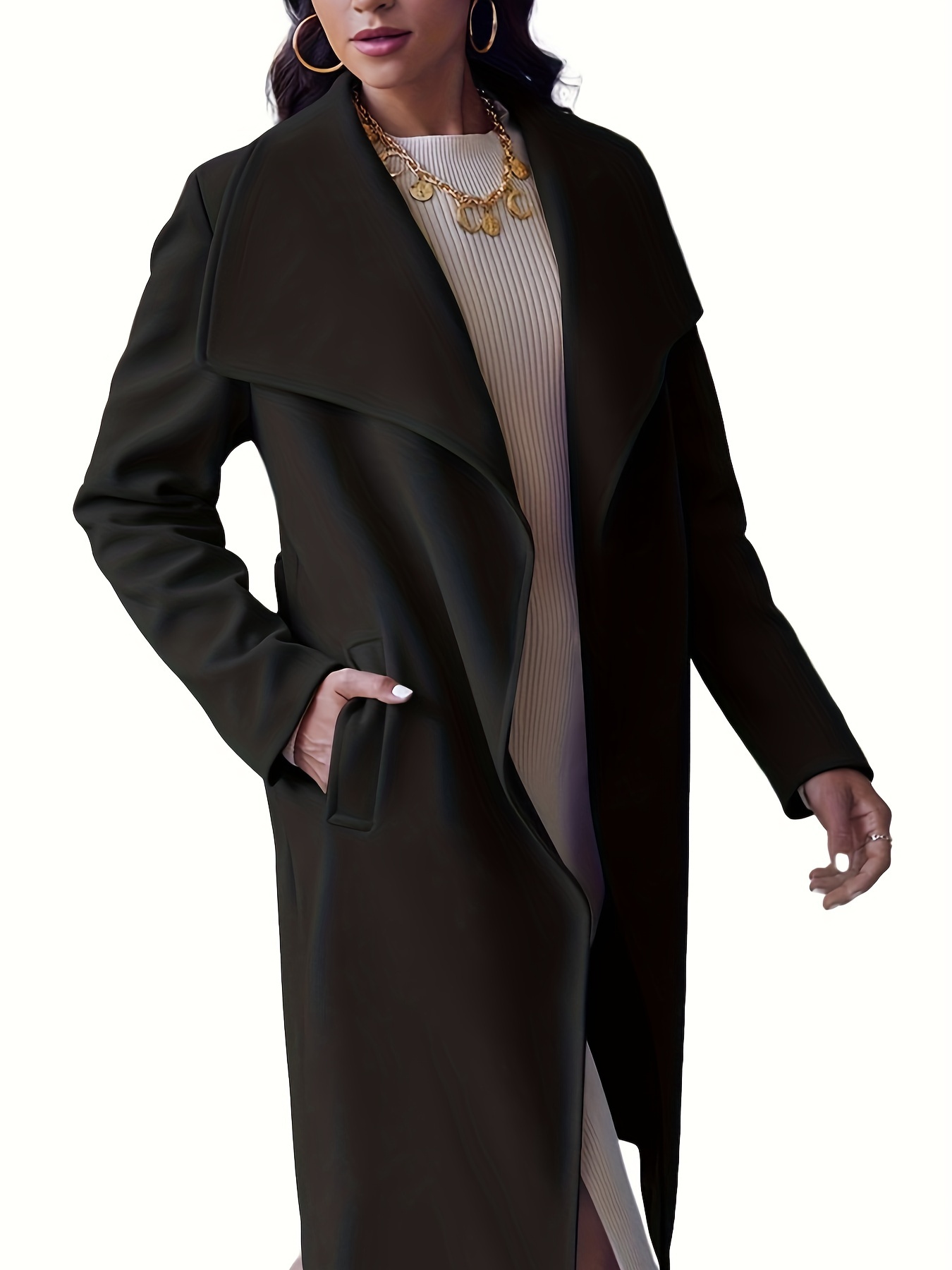 womens pea trench coat lapel collar long jacket open front Temu