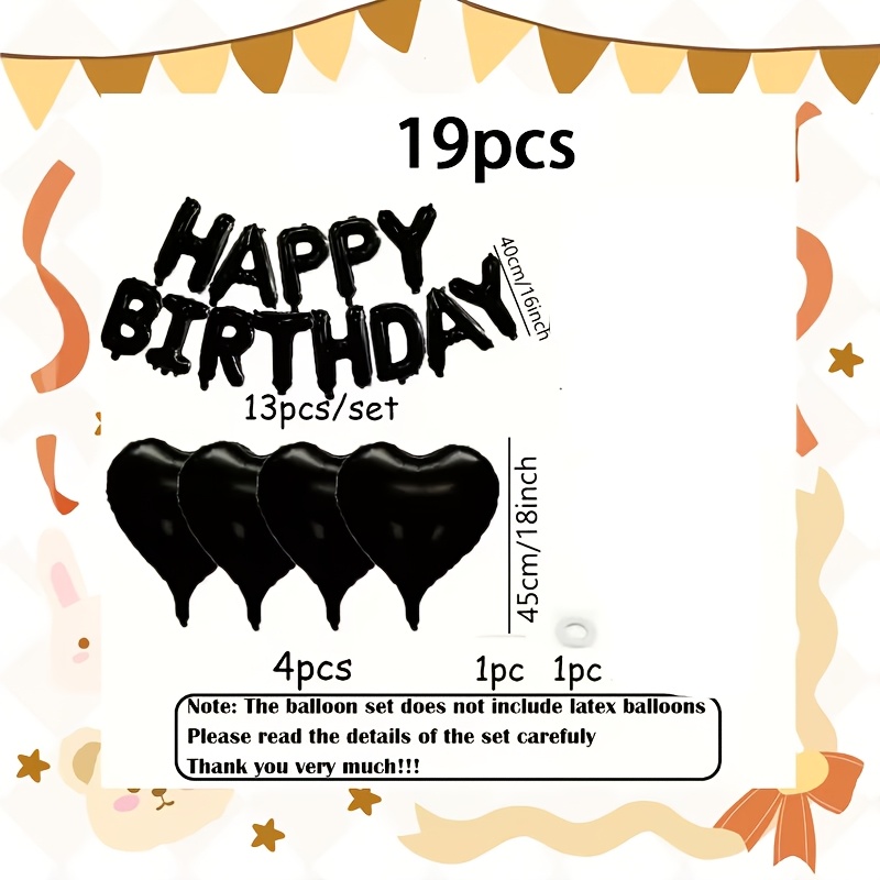 Image of 19pcs Black Birthday Balloon Set | Includes 13 Balloons, 4 Black Heart Foil Balloons, 1 Straw, And 1 Ribbon | Perfect For Romantic Birthday Celebrations And Parties, Film Material
