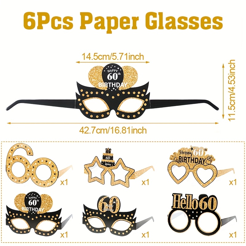 Image of 6pcs, 60 Years Old Birthday Black Golden Paper Glasses, Happy Birthday Party Decoration, Adult Birthday Party Supplies, Happy 60th Birthday Paper Glasses, Perfect For Halloween & Christmas