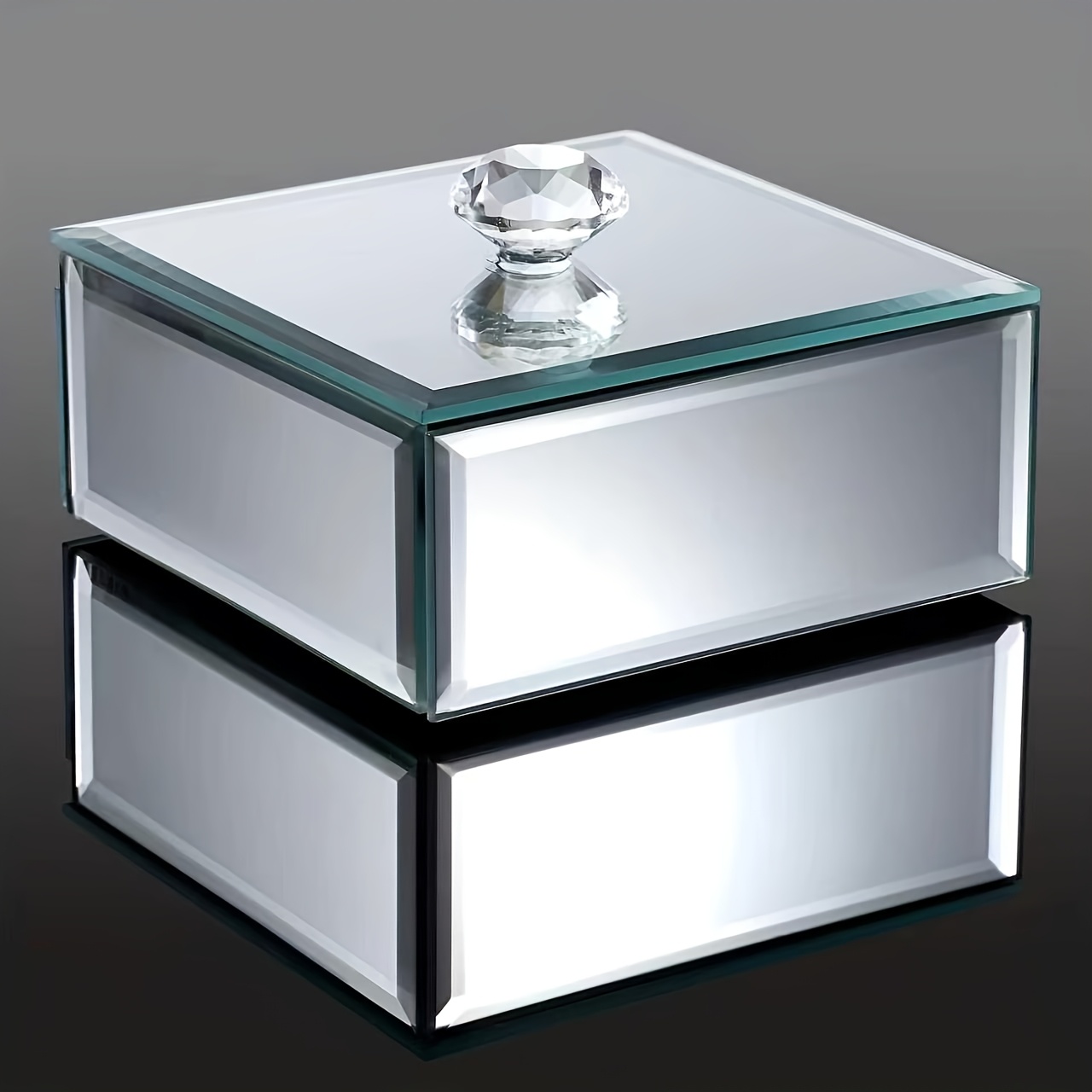 TEMU Boîte à bijoux en verre argenté avec poignée en cristal, boîte de rangement décorative carrée, coffre au , boîte à souvenirs pour ranger bagues,