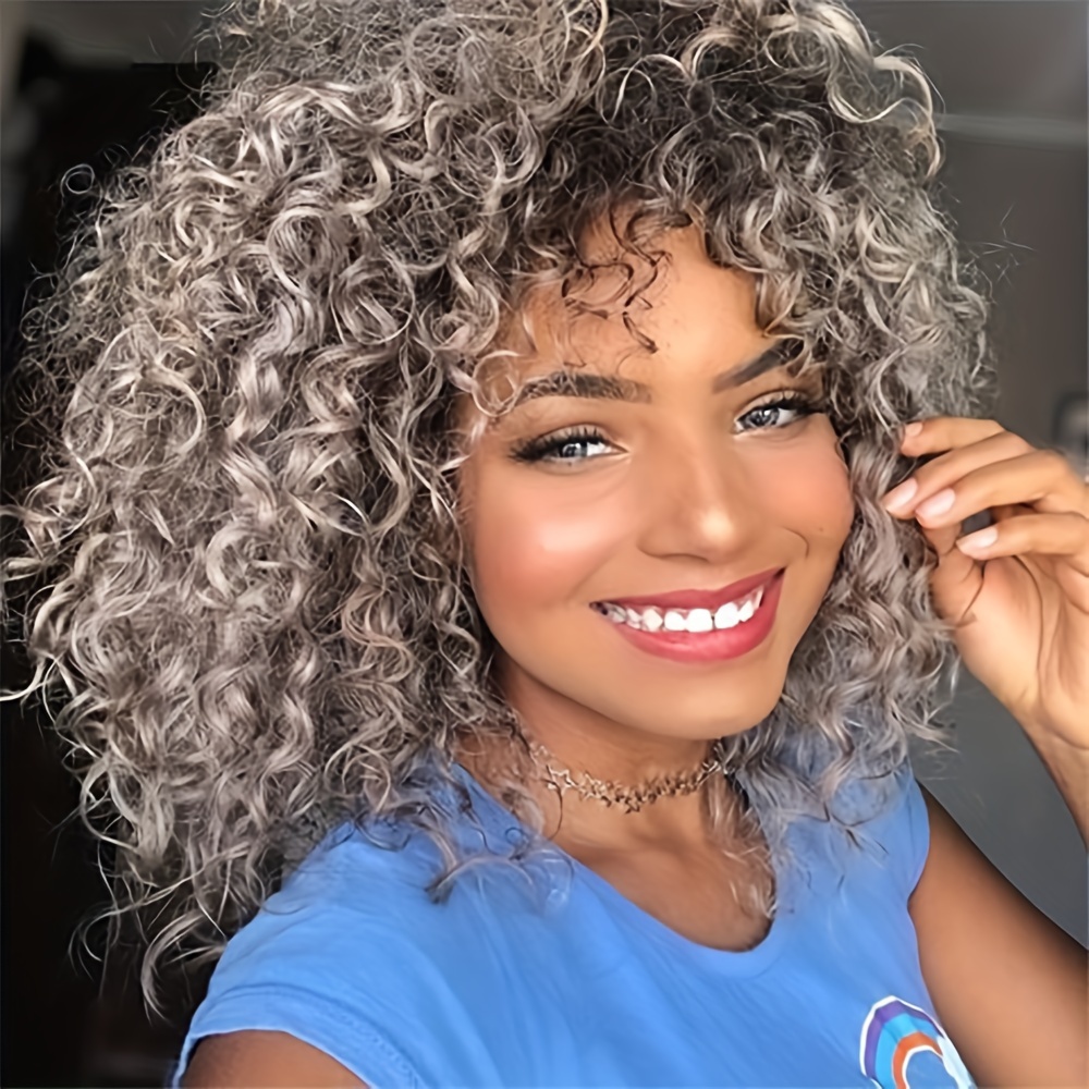 

Elegant Ombre Silvery Afro Curly Wig For Women - High-density, Heat Resistant Synthetic Hair With Natural Look