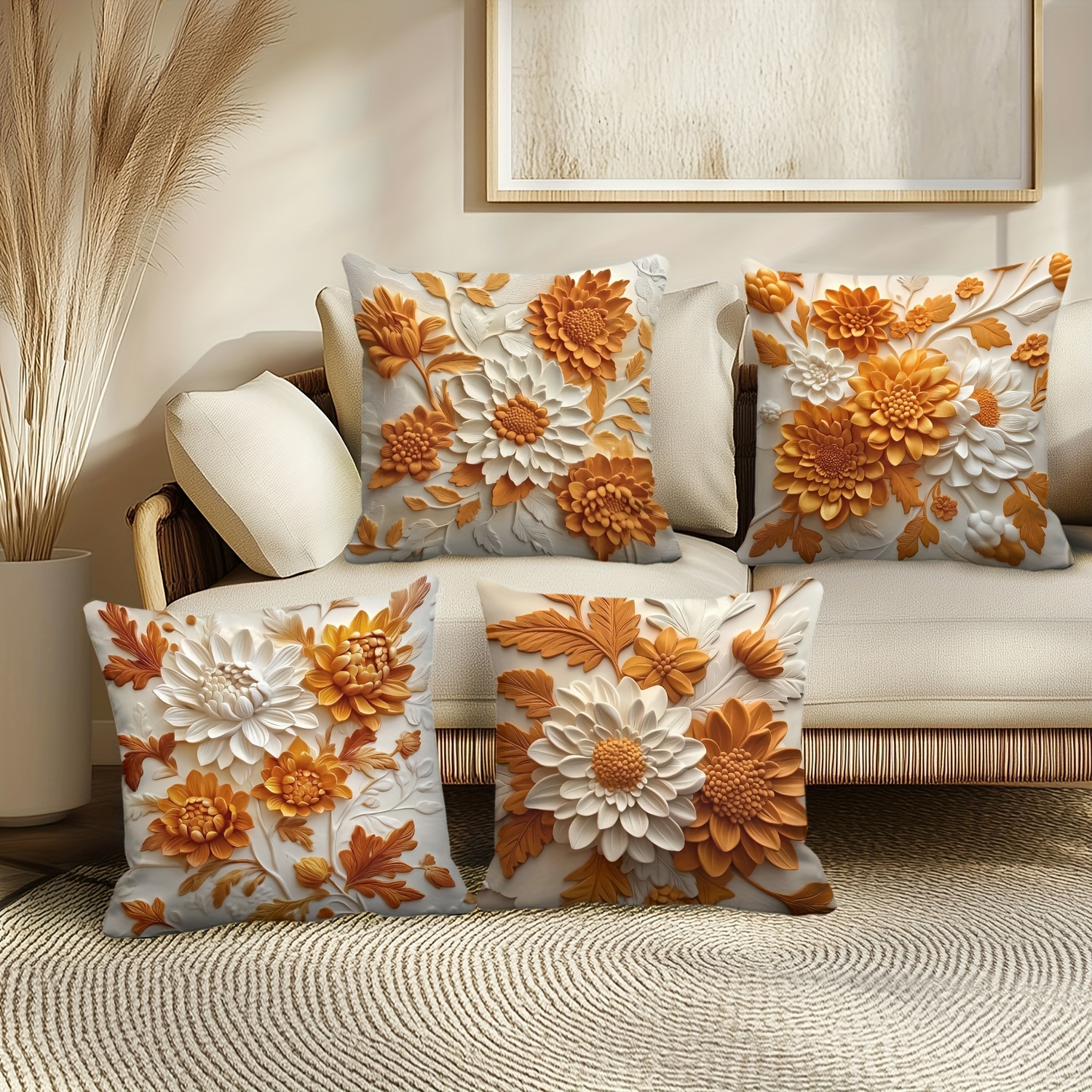 

Mid-century Style Pillow Covers Set Of 4, Machine Washable Yellow Floral Print, Zippered Polyester Throw Pillow Cases For Living Room Sofa Decor, Woven Square Cushion Covers - Jit Collection