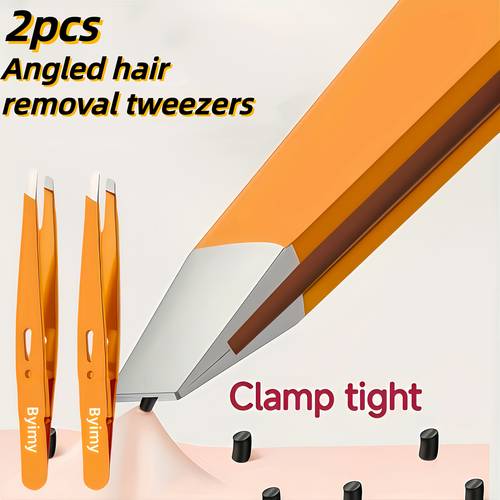 byimy brand 2pcs stainless steel eyebrow tweezers hair removal tweezer epilator special for plucking eyebrows and beard slant tip eyebrow clamp hair removal clip eyelash extension tool