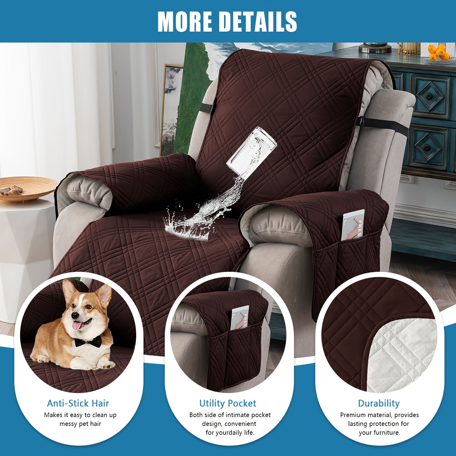 1pc 100% Waterproof Recliner Chair Cover, Non Slip Recliner Slipcover for Recliner Chair with Pocket, Washable Reclining Chair/Furniture Protector for Pets(Recliner Chair), Easy to Install & Easy Care, ReclinerCompatible,, Home Doc.