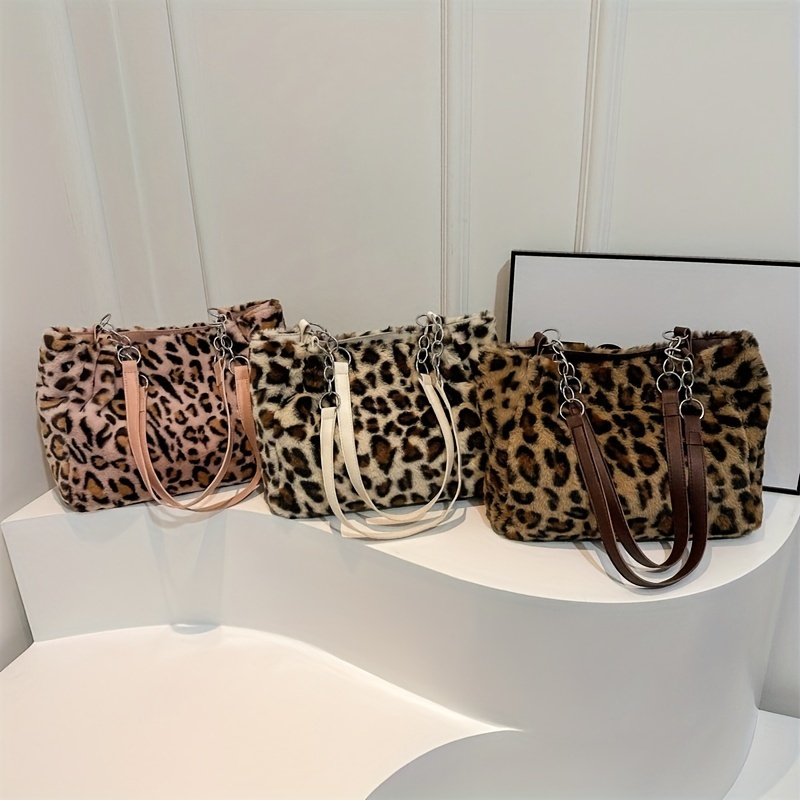 

Leopard Pattern Plush Tote Bag, Trendy Fur Shoulder Bag, Y2k Fluffy Handbag For Women