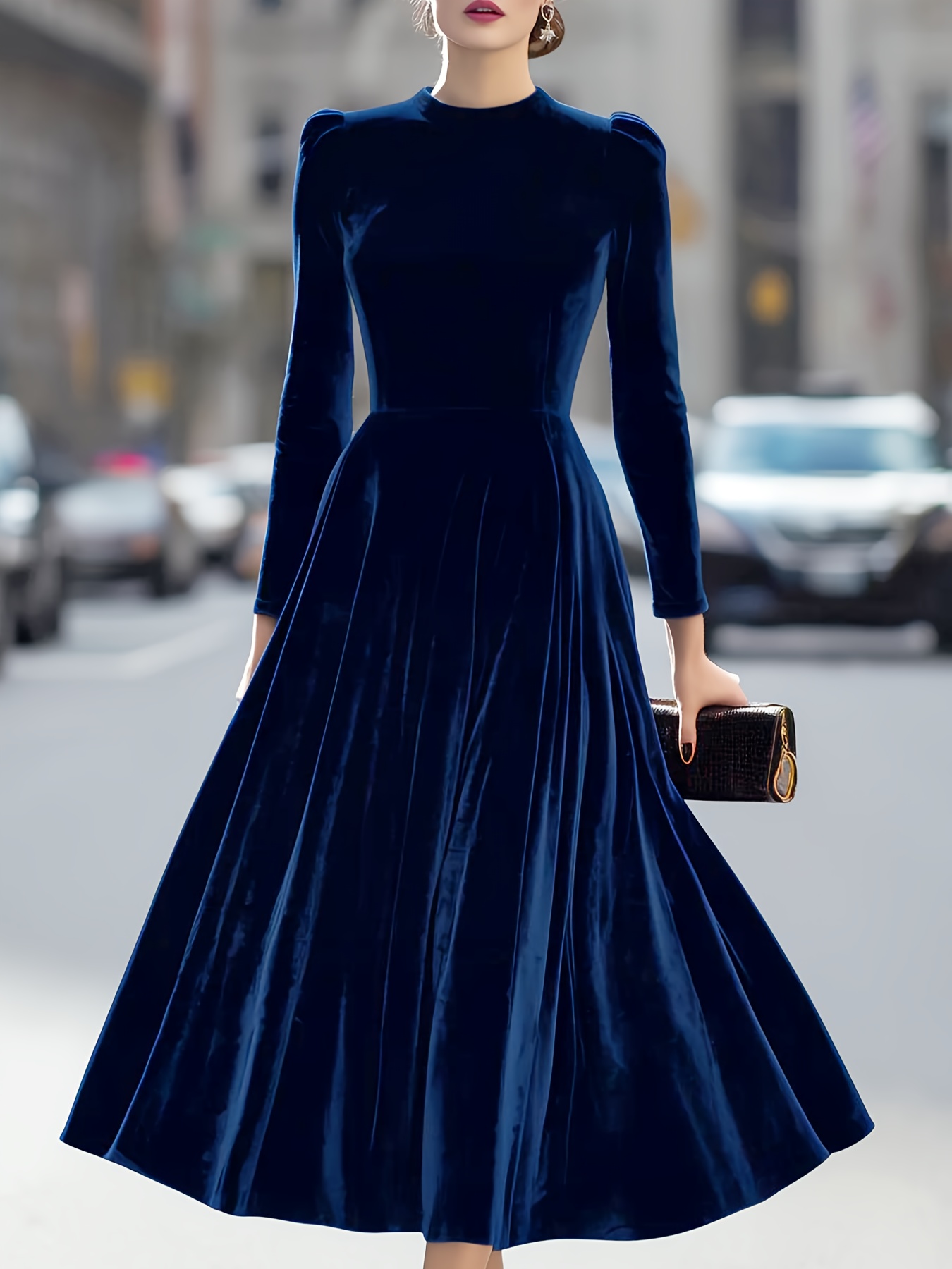 elegant navy blue velvet long sleeve a line dress flared hem - Temu