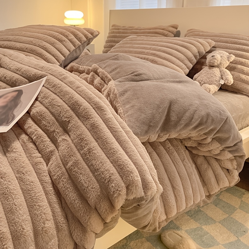 TEMU 3pcs Winter Duvet Cover 3pcs Set, Striped Fleece Duvet Cover Set Includes 1pc Duvet Cover And 2pcs Pillowcases