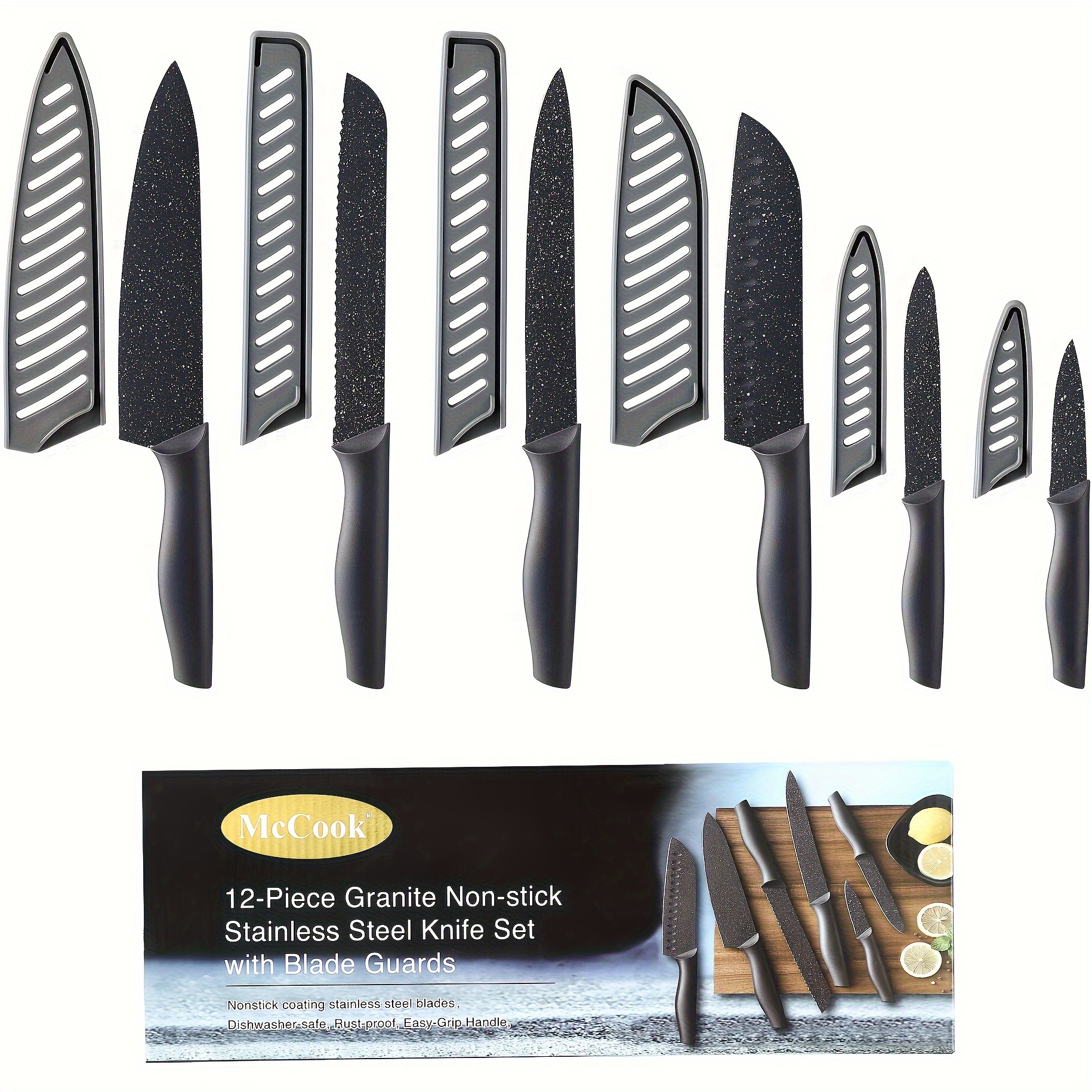 

12pcs Granite Kitchen Knife Set, High Carbon German Stainless Steel Knives Set With Blade Guards, Non-stick Coating, Ultra Sharp, Dishwasher Safe