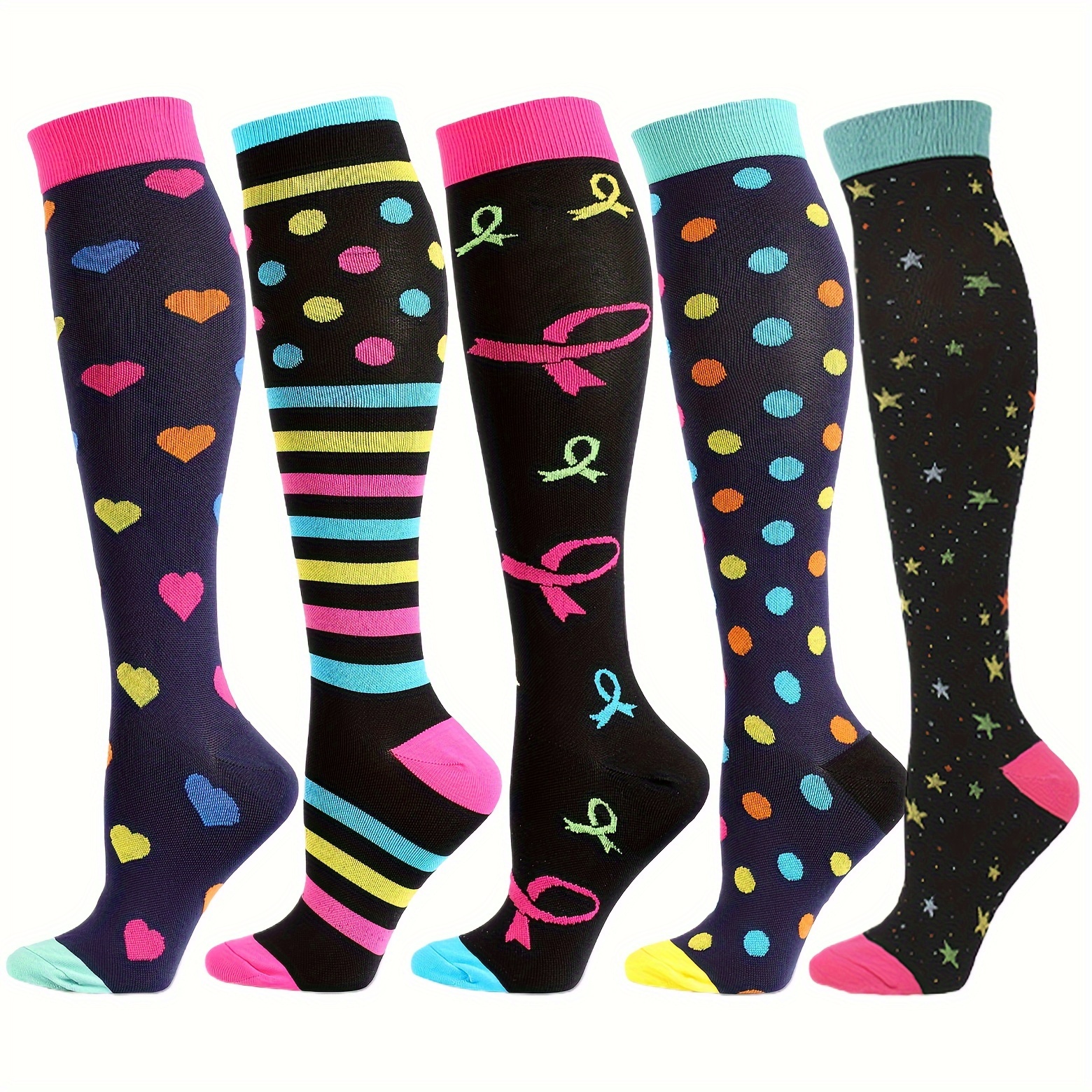 

5 Pairs Compression Socks For Women - Knee High Long Socks For Sport Running Cycling Sporty