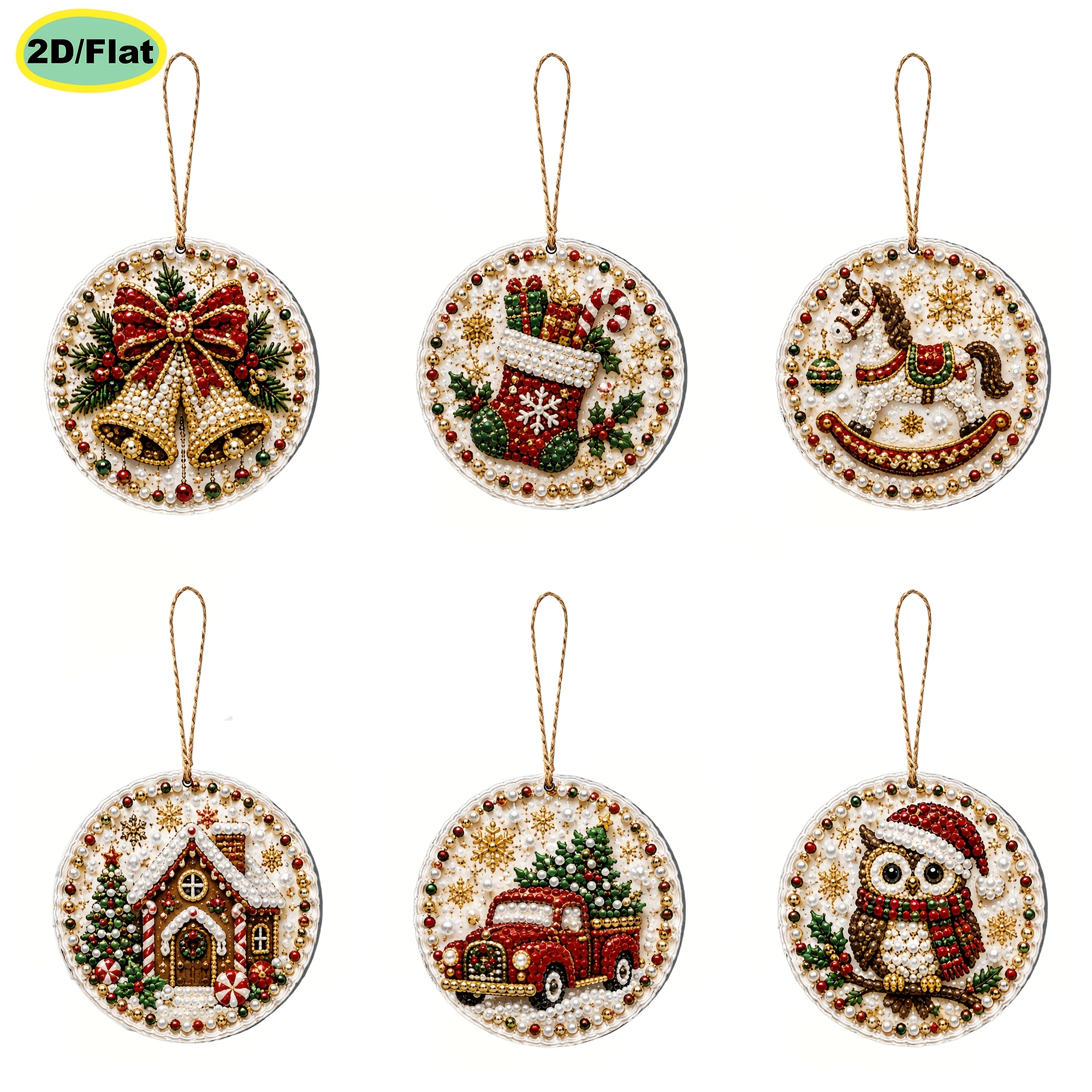 TEMU 6pcs Diamond Painting Kit, 2d Flat Pearl Diamond Painting, Christmas Wooden Tag Pendant, Diy Dot Diamond Material Pack, 3.07* 3.07inch Cm,