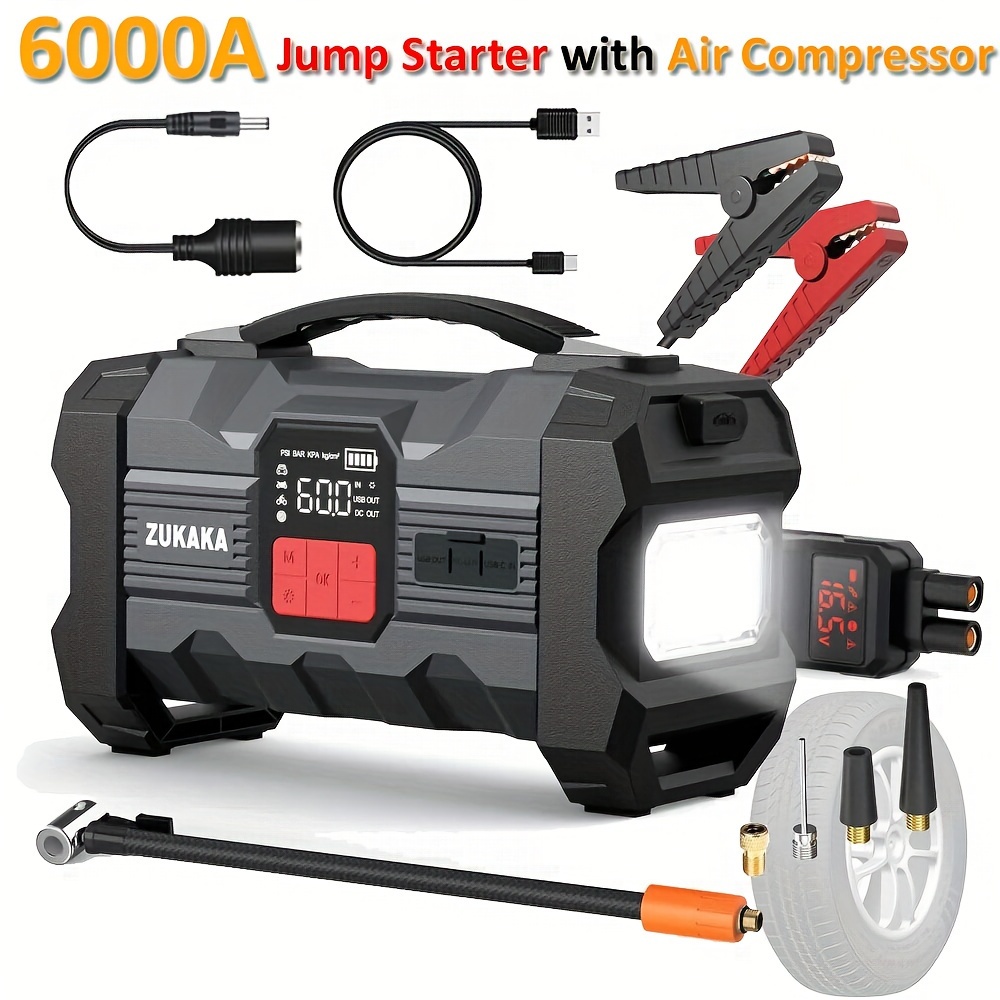 

6000a Jump With Air Compressor, Jump Box, (up To All Petrol And 10.0l ) 12v Car Jump 26800mah Power Bank With Led Flashlight, Large Screen, Jumper With Voltage Display, Car Battery Booster