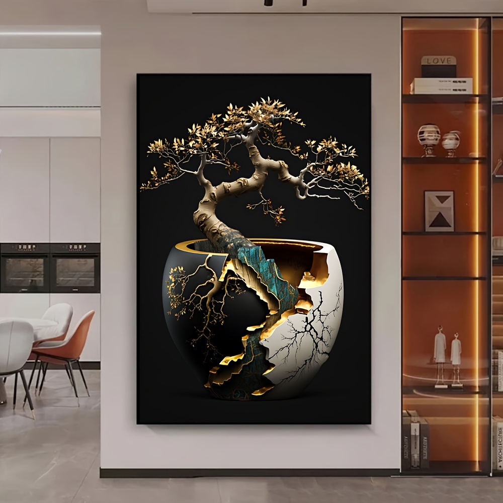 

Frameless Modern Golden Bonsai Canvas Painting - 31.49" X 47.24" - Art For Living Room And Bedroom Decoration - No Frame Required