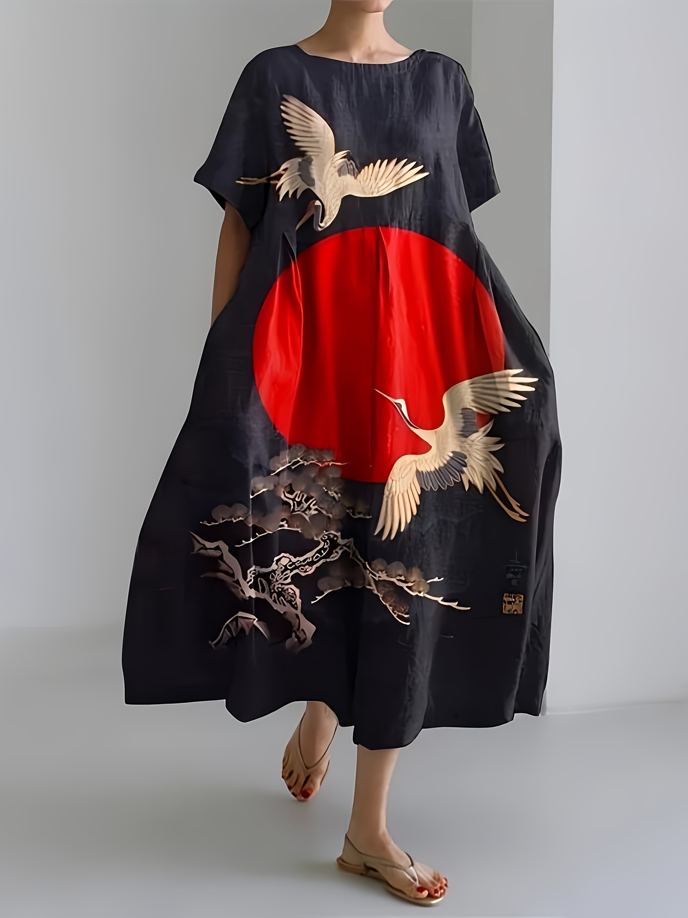 chinese dress ladies Vintage Linen Bat Sleeve Loose Pocket Shirt Dress Long Sleeve, Polo Co –  puresunlady main image 1