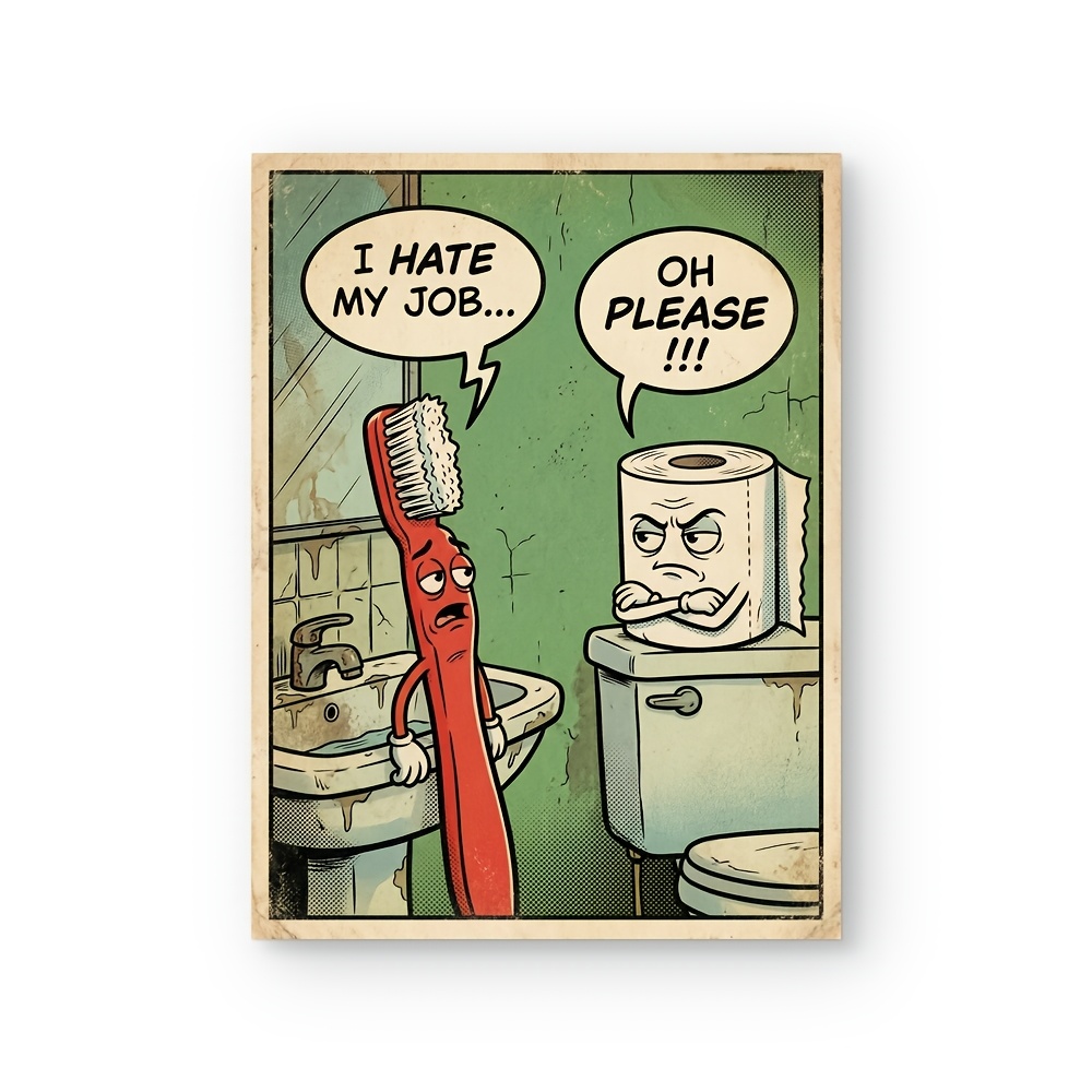 TEMU 2d Flat, 2d Flat, Funny Retro Comic Toilet Paper And Toothbrush Bathroom Wall Art Print, "i Hate " Humorous Bathroom Decor Poster, Unframed