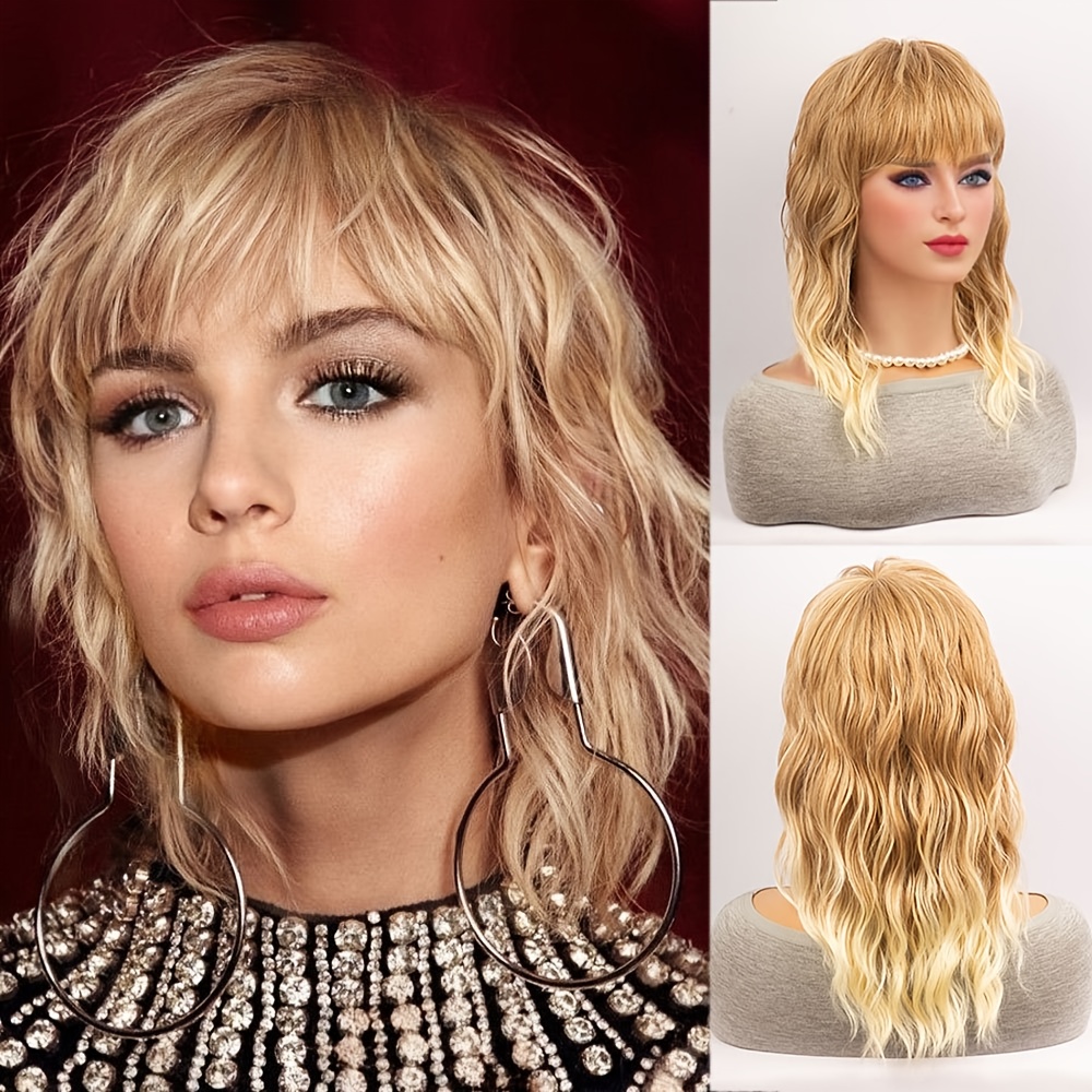 Image of 16 Inch Ombre Blonde Wolf Cut Mullet Wigs For Women, Ombre Blonde Wolf Cut Wig With Bangs, Heat Resistant Synthetic Hair Layered Cosplay Wig 80s 90s Mullet Wigs, For Daily Party Cosplay Costume