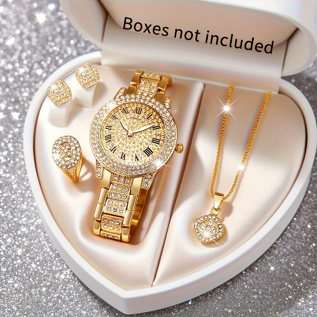 TEMU 5pcs Elegant Women's Rose Watch & Jewelry Set - Watch With Matching Bracelet, Necklace, Earrings & Ring Charm - Alloy & For Weddings, Parties,