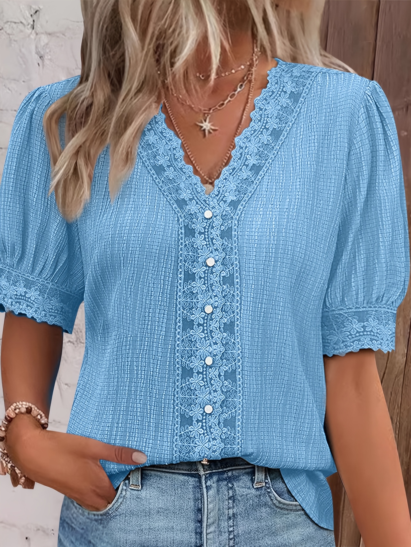 2503 2025 spring summer contrast lace splicing short sleeve top