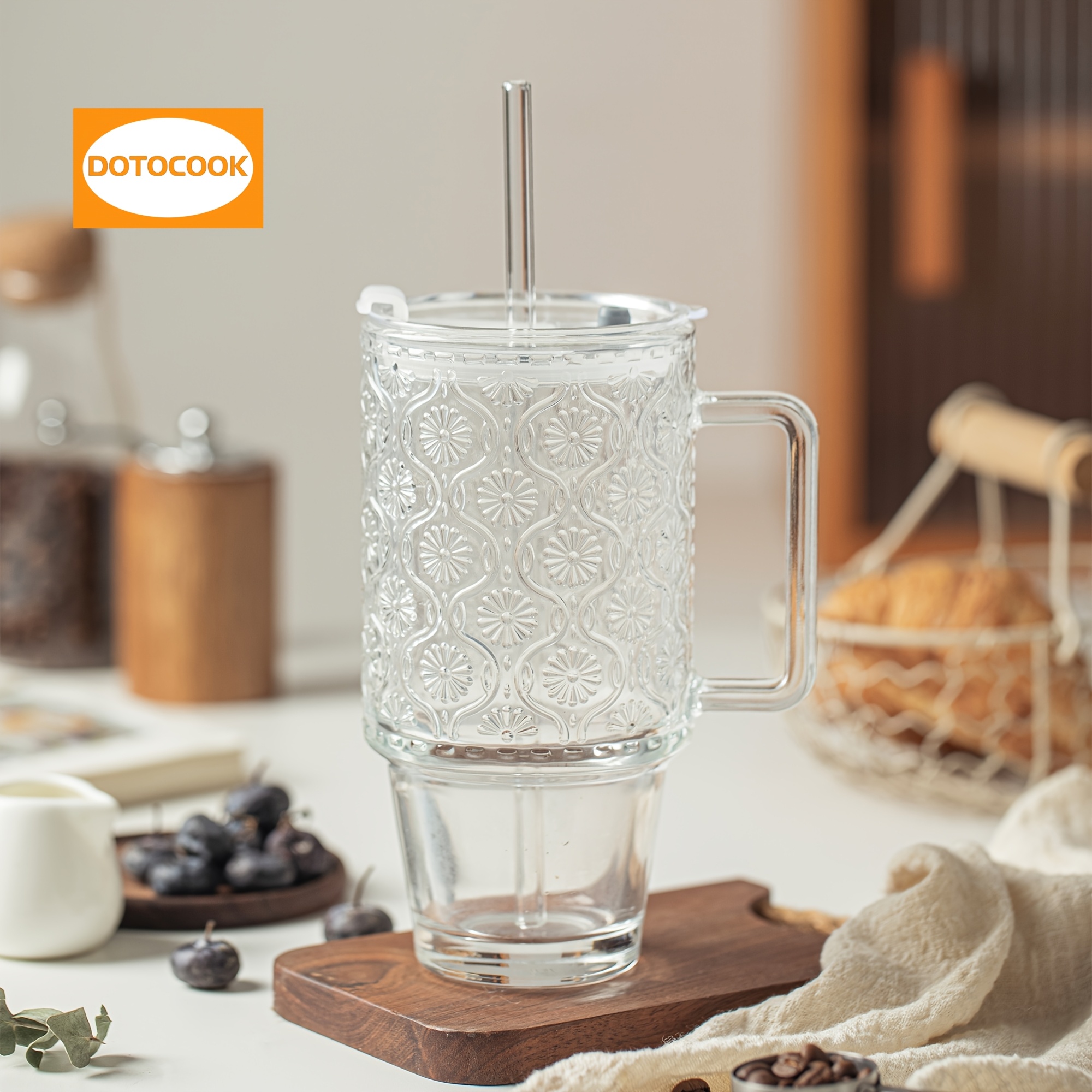 24 oz glass tumbler straw lid iced coffee cups lids smoothie - Temu Belgium