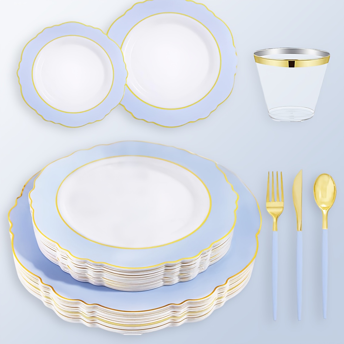 TEMU Wdf 150pcs Blue/mint Green Plastic Plates With & Disposable Golden Plastic Silverware With Blue/mint Green Handle-baroque Light Blue&gold/mint