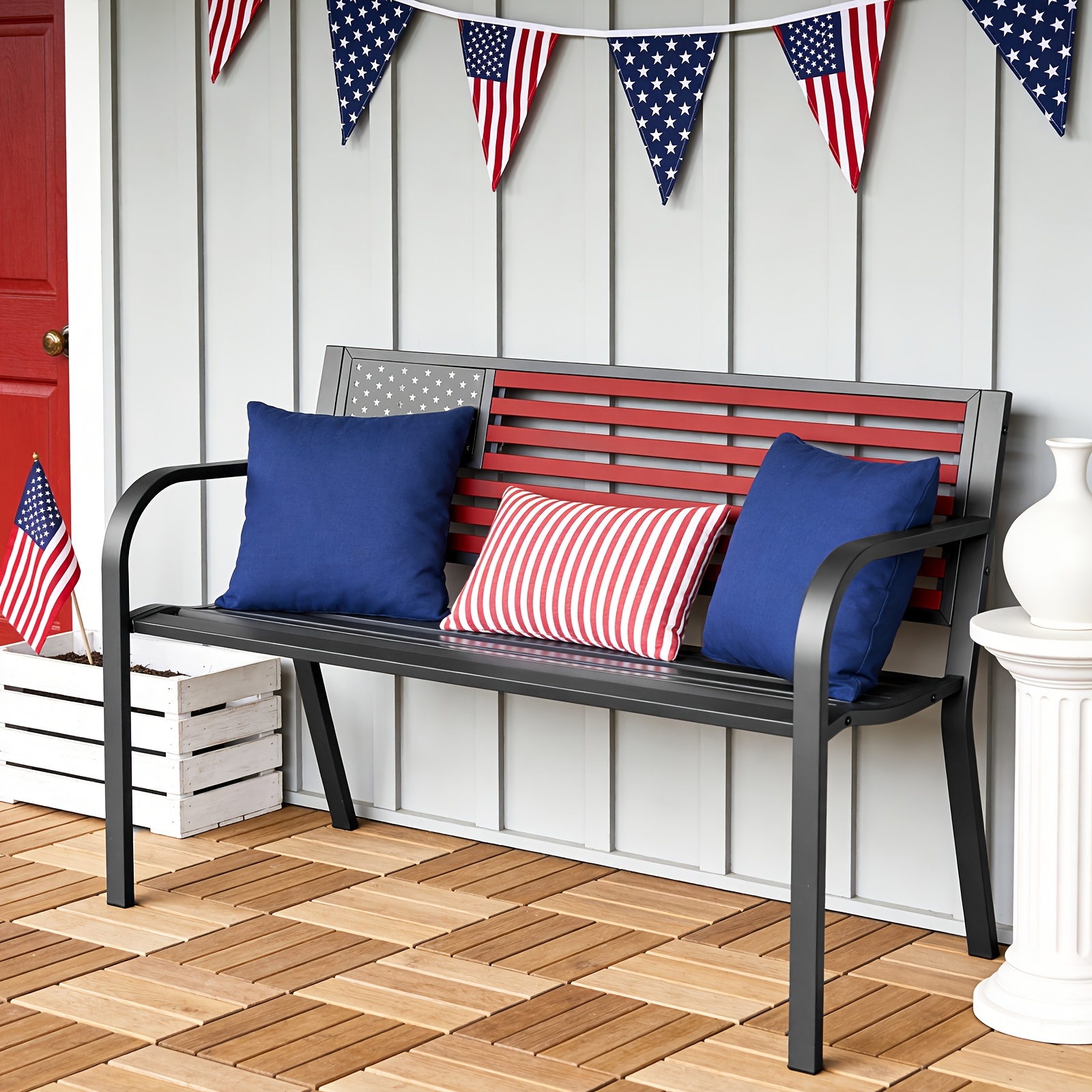 47-inch Pure Iron Casual Bench, Equipped with Ergonomic PVC Mesh Backrest, Non-slip Chair Legs And All-weather Design, Suitable for Outdoor, Garden, Yard And Poolside Areas