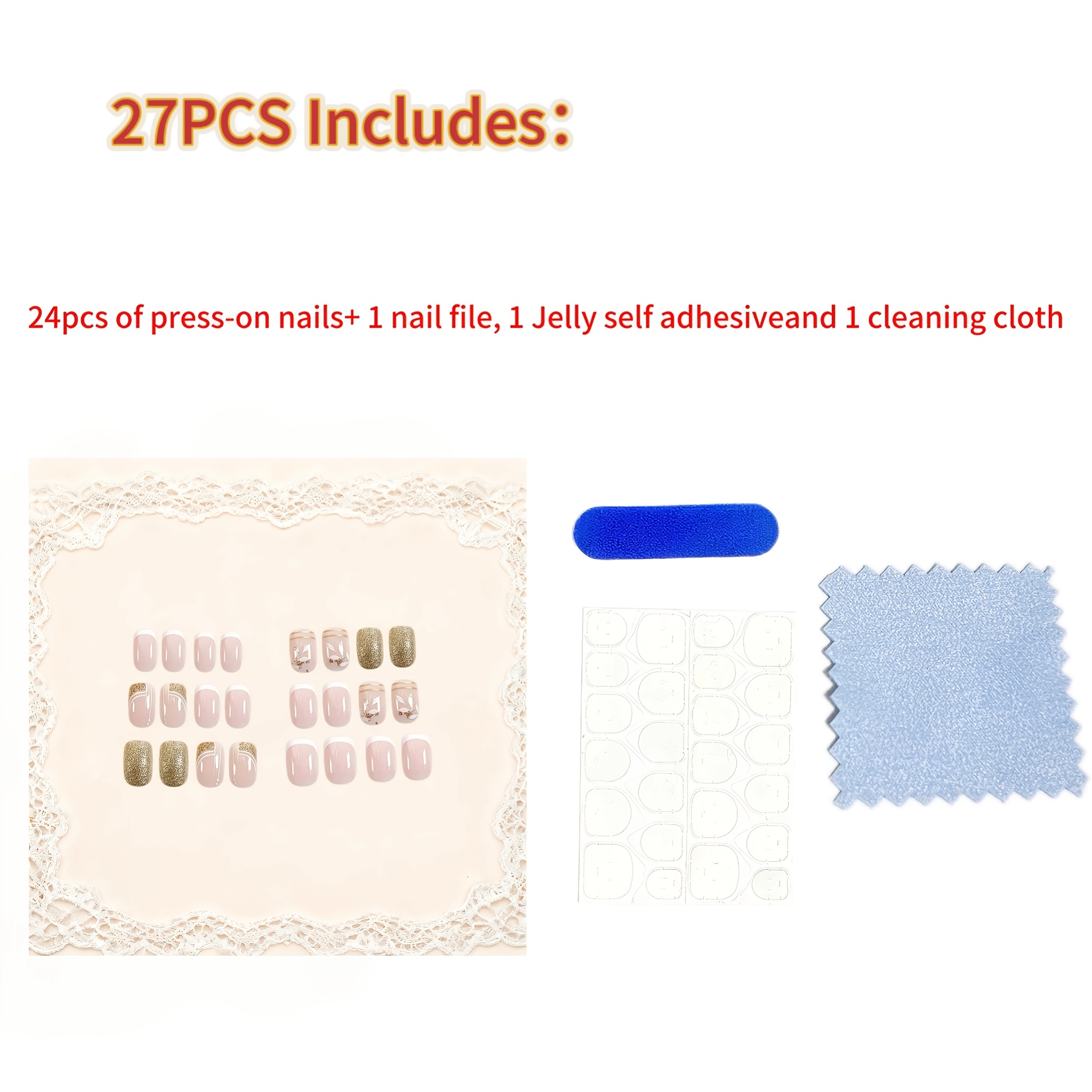 TEMU 27pcs (contains 24pcs Nail Tips, 1pc Nail File, 1 Sheet Jelly Self-adhesive Tabs And 1pc Cleaning Cloth) Short Square Press-on Nails Stickers