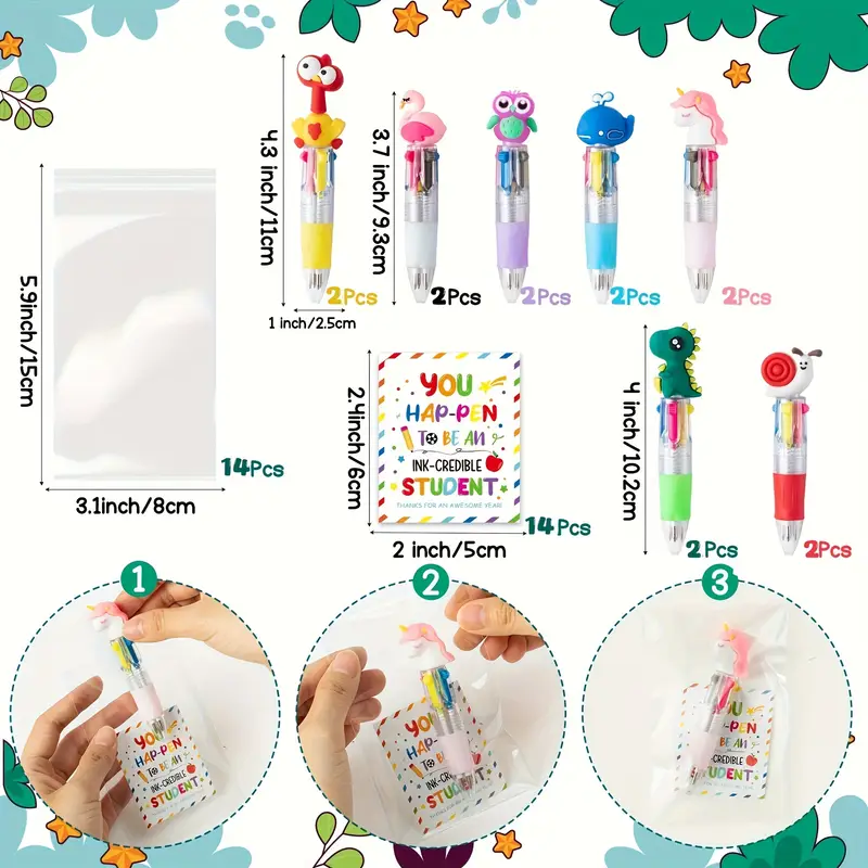 42pcs 14 sets of year end student gifts including cute cartoon 4 in 1 colorful retractable ballpoint pens with greeting cards suitable for school party gifts and gifts Product details 0