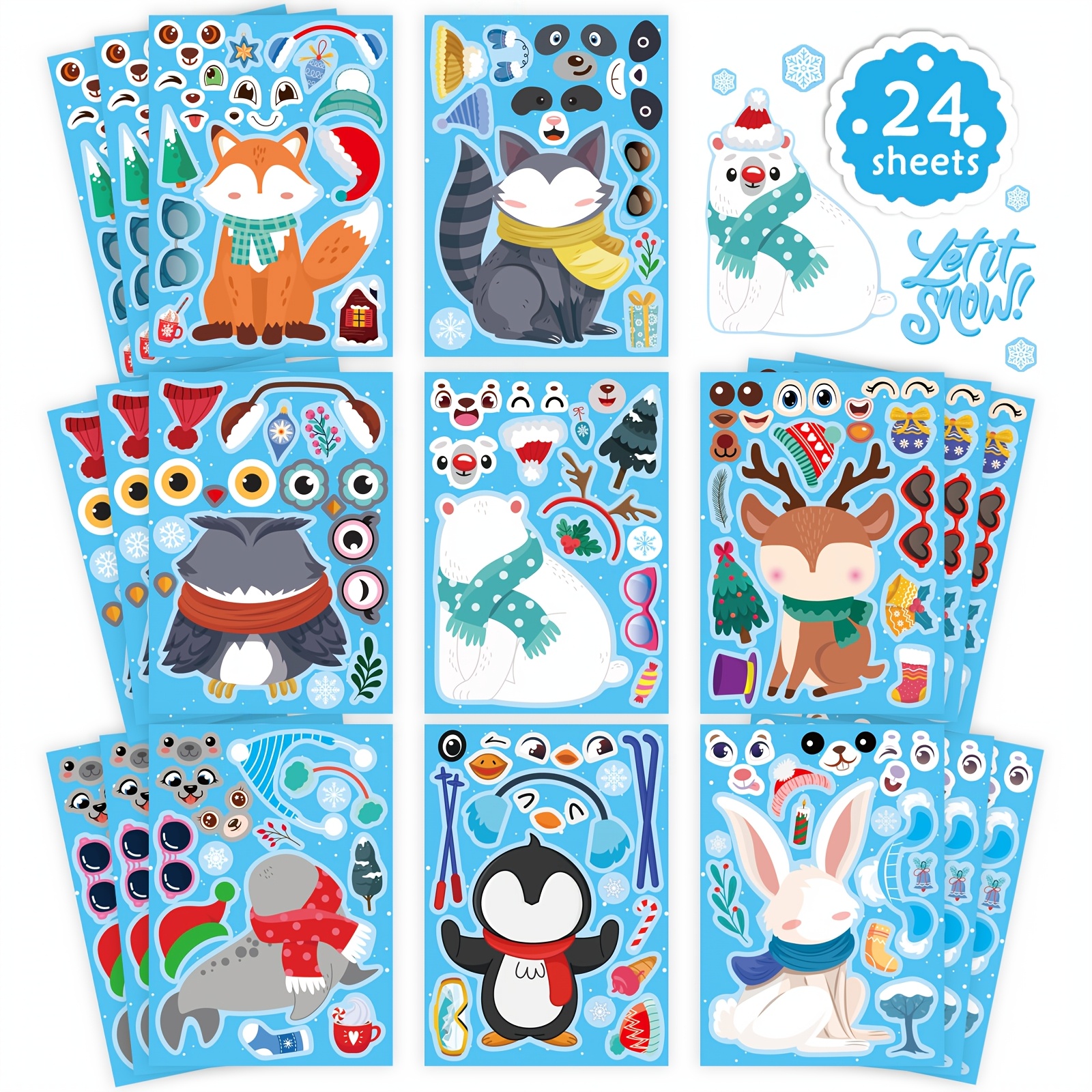 TEMU 24 Sheets Winter Stickers For Kids Toddlers, Make-a-face Stickers Make Your Own Stickers 8 Designs Of Animal Owl Penguin Snowman Bear Stickers