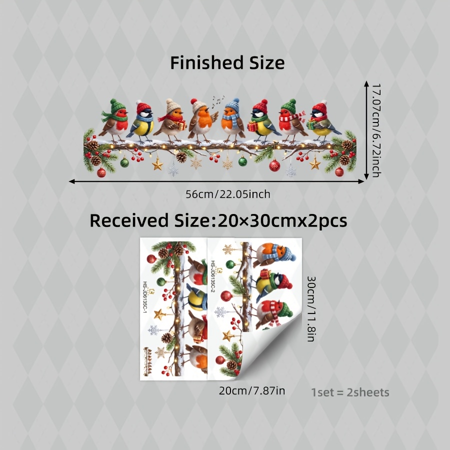 TEMU 2pcs Christmas Bird Window Stickers, Birds With Woven Hats, Scarves, And Gifts, Snowflakes And Tree Branches, Double-sided Static Cling Window