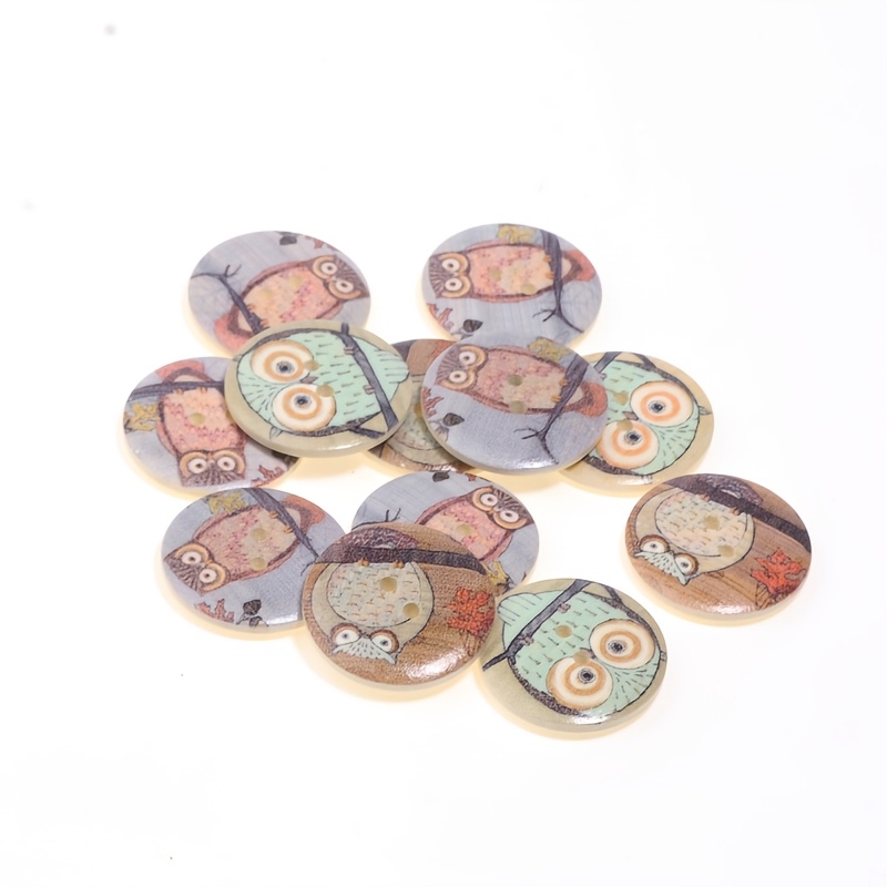 TEMU 50pcs Cartoon Owl Illustration Wooden Buttons Set, 2-hole Round Handmade Buttons, Suitable For Sweaters, Hats, Crafts And Decoration, Assorted