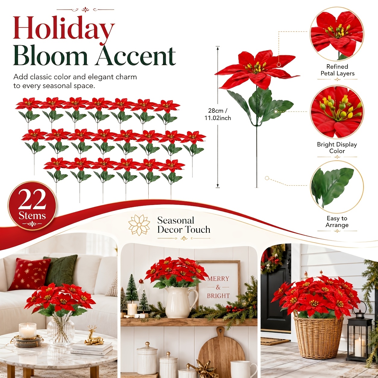 TEMU Set da 22 pezzi di Stella di Natale con testa grande, petali rossi e foglie verde scuro, adatta per decorazioni festive domestiche, esposizioni