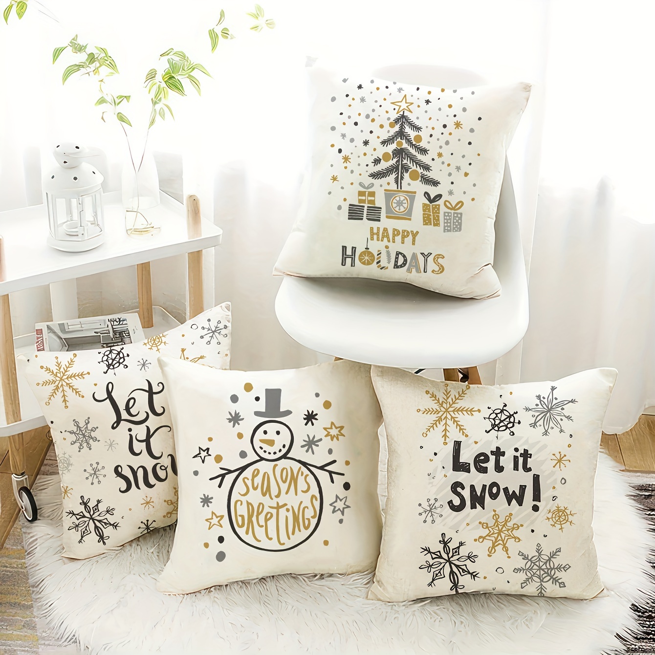 

4-pack Christmas Throw Pillow Covers 18x18 Inch, Traditional-style Zippered Cases, Polyester Short Plush, Machine Washable, Snowflakes & Seasonal Greetings Design For Room Types