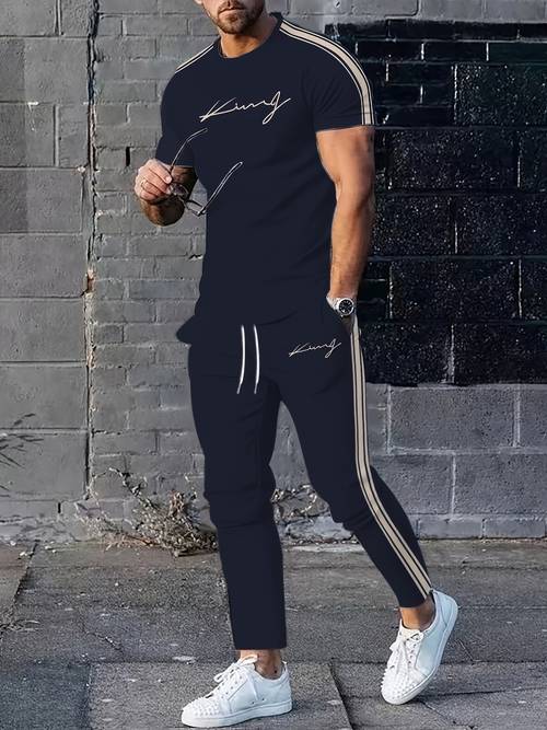 mens casual athletic set short sleeve t shirt drawstring pants black with golden accents polyester blend parties casual attire