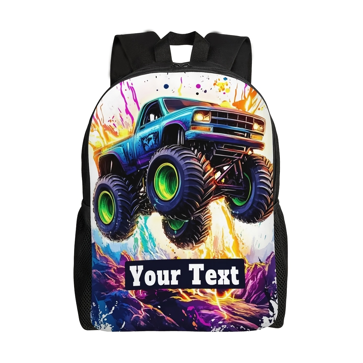 TEMU 1pc Customizable Monster Truck Backpack, Polyester, Lightweight, Foldable, Adjustable Strap, Zipper Closure, Hand Wash, Personalized Text