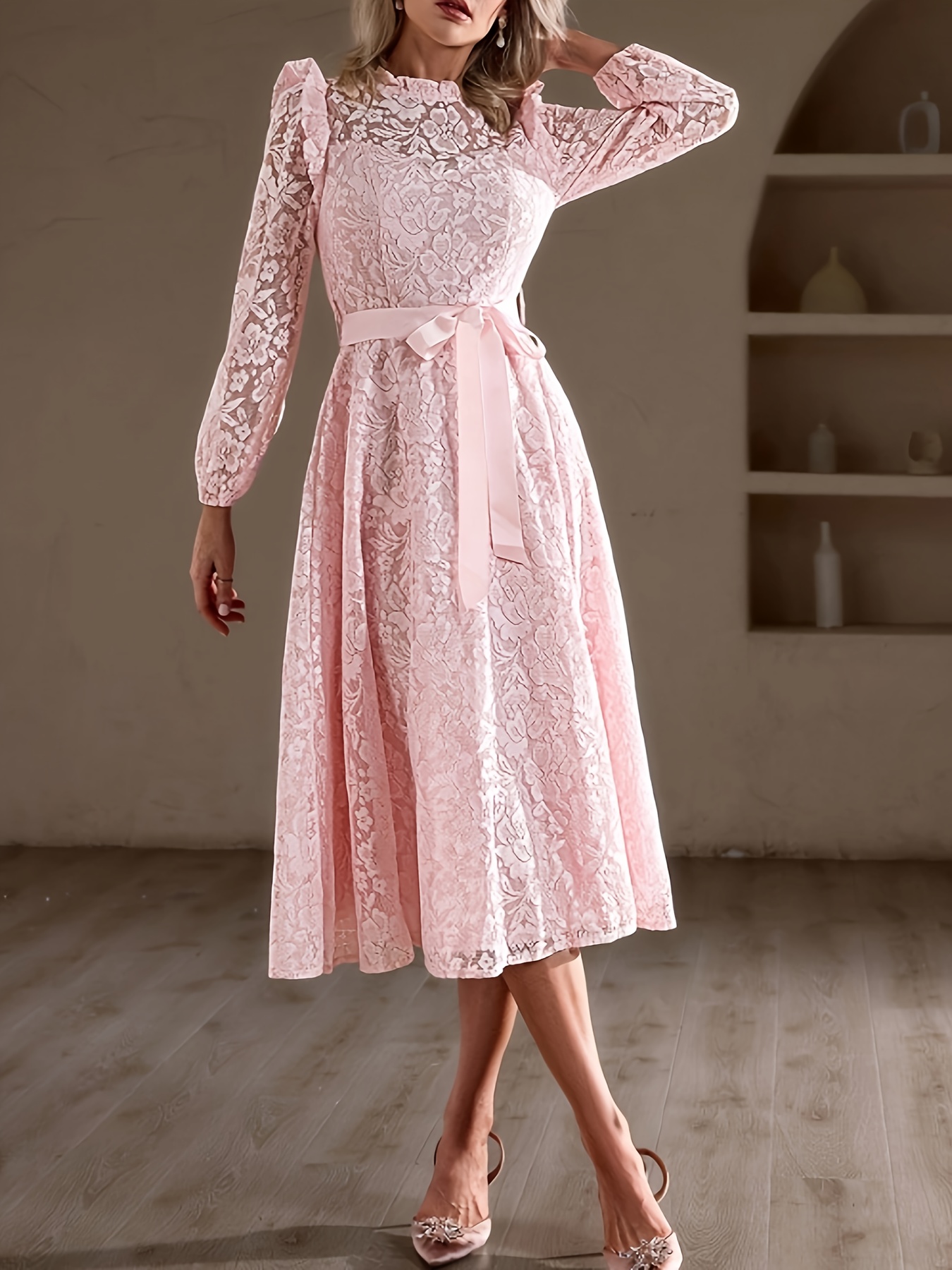 knee length dresses for ladies Button Up Collared Neck Long Sleeve Shirt Dress Blush Pink / XL main image 0