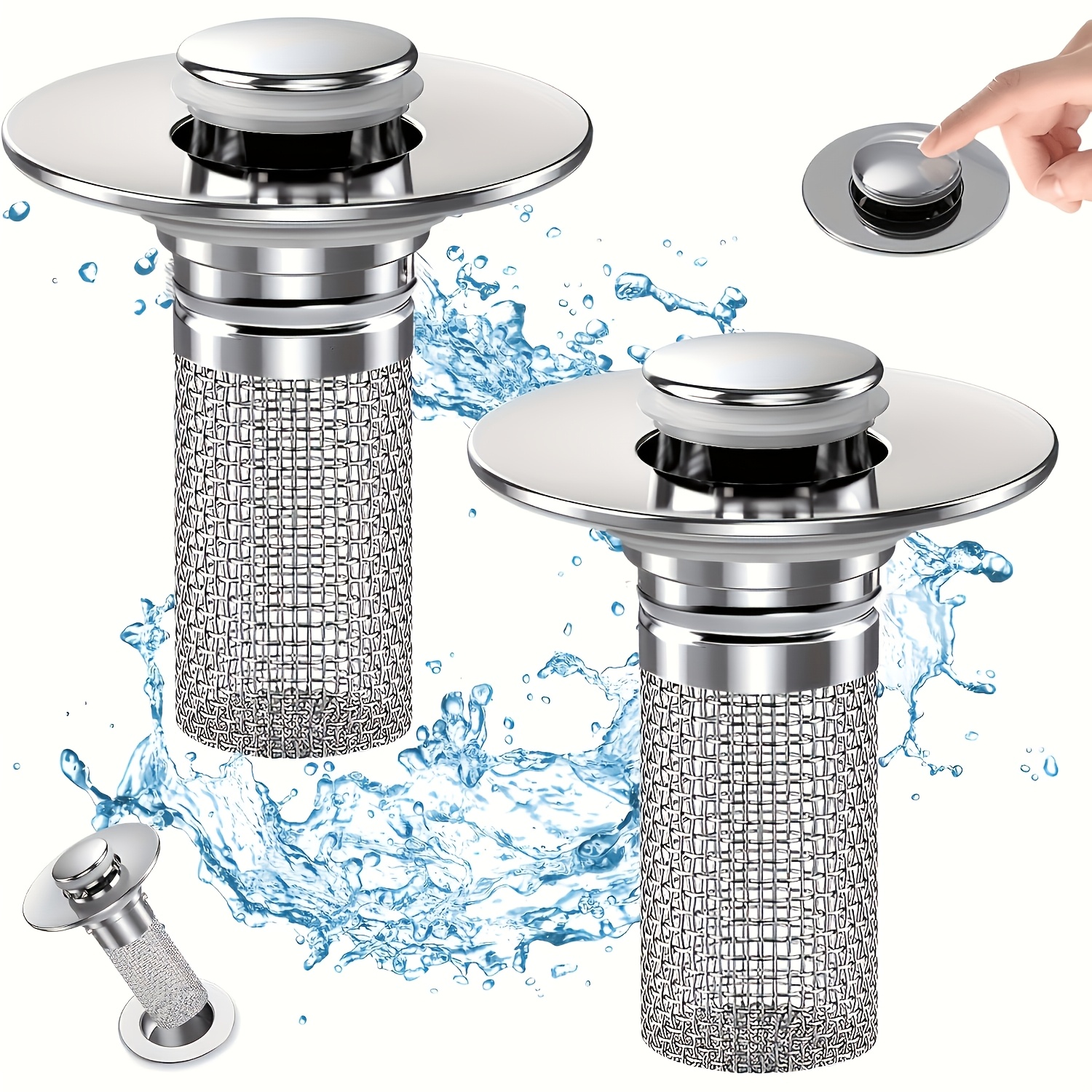 TEMU Lot de 2 bouchons de drain Pop-Up, pièges à cheveux en acier inoxydable 304, filtres de drain anti-obstruction, paniers amovibles, ajustement