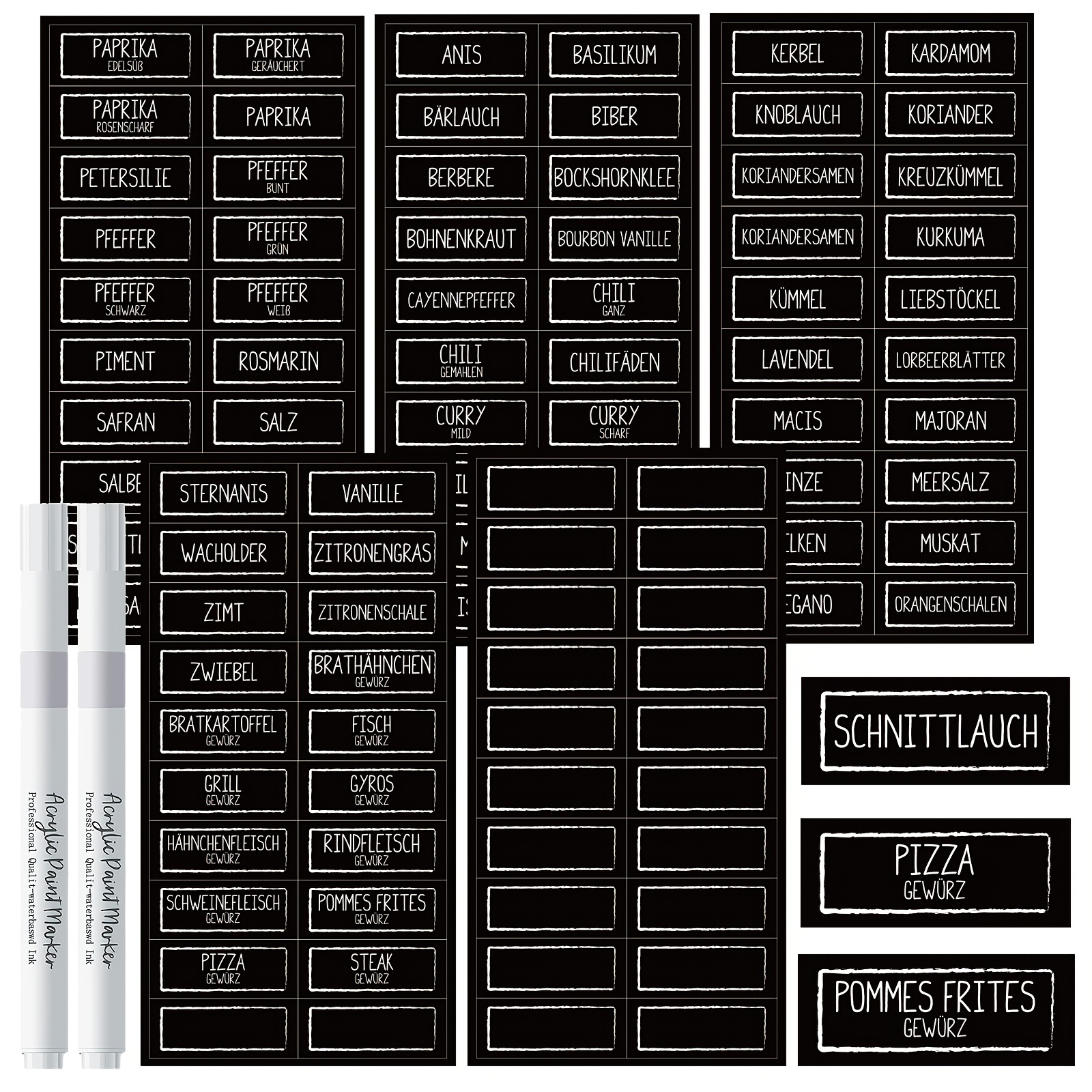102pcs Self-adhesive Spice Labels (50x20mm) Black Rectangular Design Suitable For Spice Bottles, Shelves, Glass Bottles, Etc. | 78 Spice Labels+22 Blank Labels+two White Writing Markers High , Durable