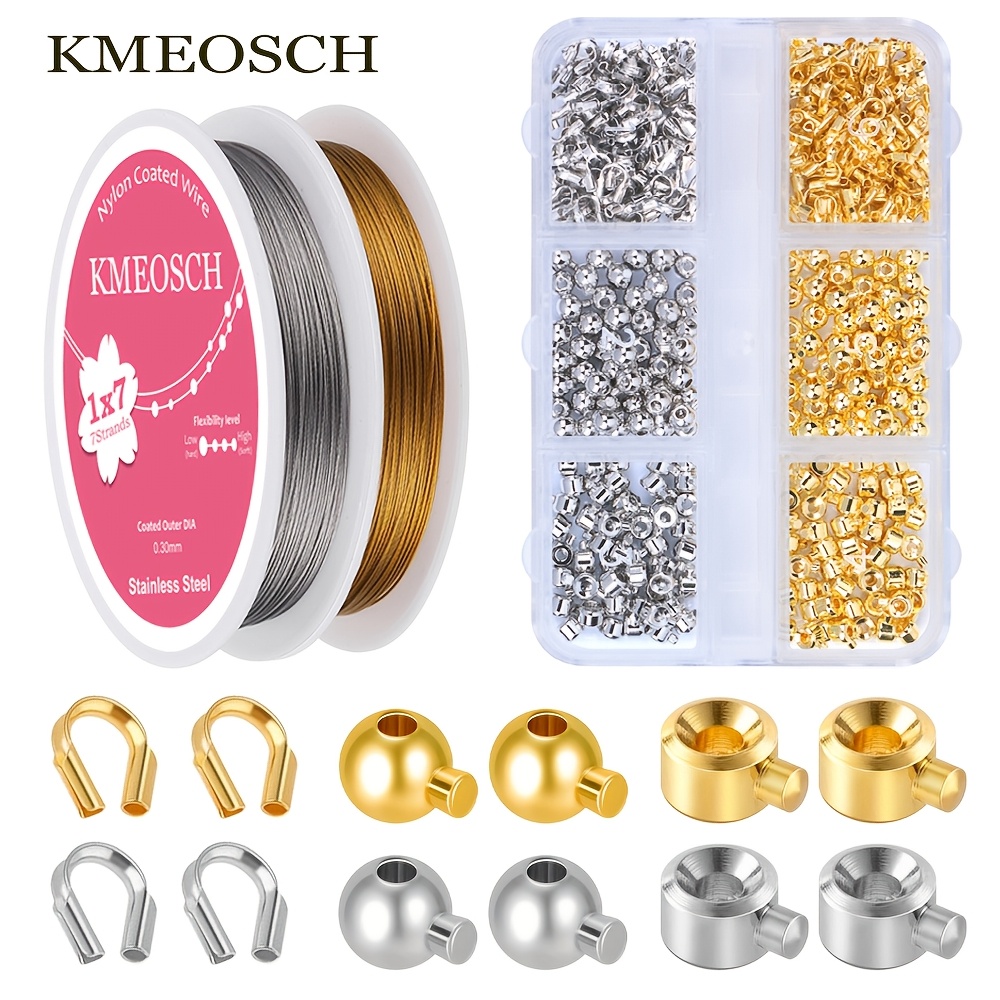 TEMU Kit Complet de Fil à Perles et Perles à Sertir : 2 Rouleaux de Fil à Perles en Acier Inoxydable Non Élastique à 7 Revêtu de Nylon + Kit de 120