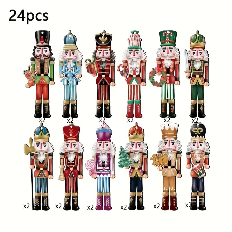 TEMU 24pcs Classic Christmas Nutcracker Ornaments - Hanging Artificial Wooden Nutcracker Figures, For Holiday Decorations, Christmas Tree Ornaments,