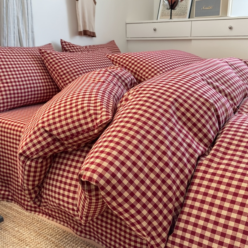 TEMU Housse de couette à carreaux rouges pour lit Queen - Collection de housses de couette super douces - Housse de couette légère et rafraîchissante
