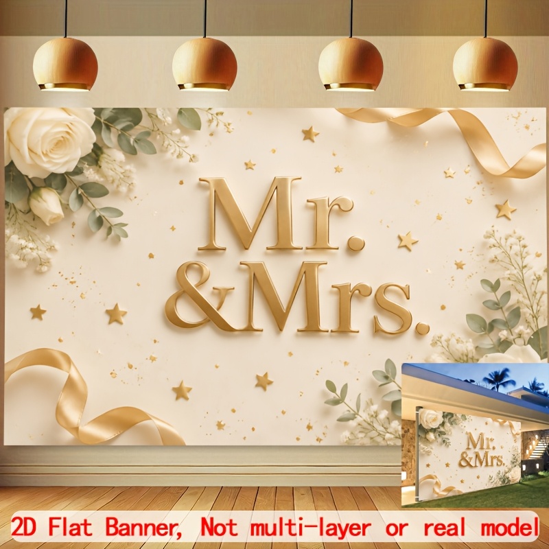   2d, 1   banner de   de casamento sr. e sra. adequado para sessões de fotos de  , decoração de fita com rosas   e   douradas com sinalização sr. e sra., vários tamanhos para festas internas/externas, renovações de votos, decorações de casamento para entrada e   de