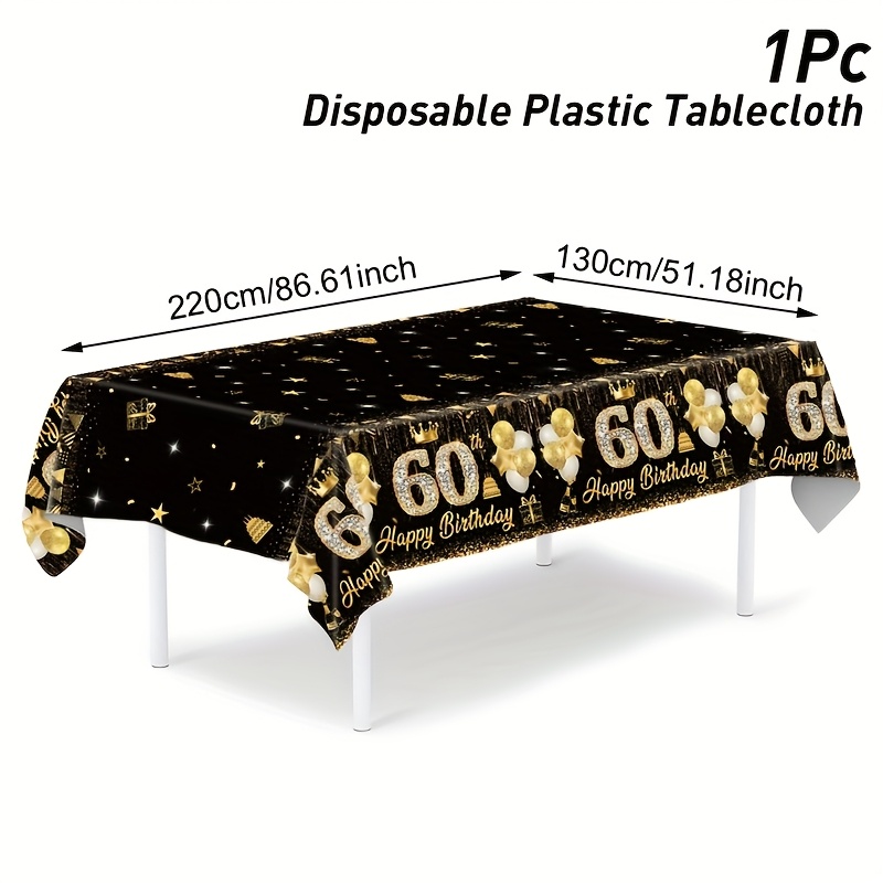 TEMU 1pc, Black And Golden Tablecloth For 60th Birthday, 130*220cm, Disposable Plastic Tablecover With Birthday Balloon , Decorations For 60th
