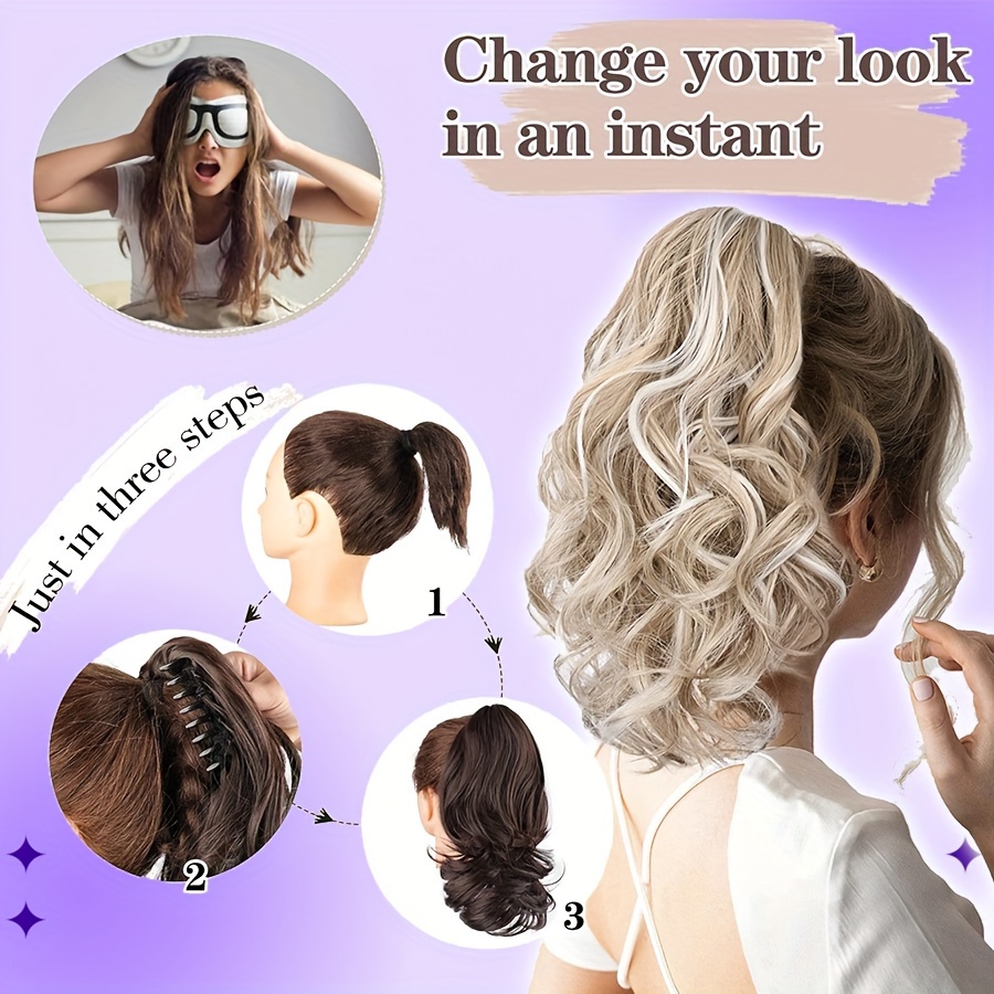 14inch 35cm claw ponytail extension short curly clip in hair extensions jaw pony tail thick wavy synthetic soft hairpiece   blonde for women natural looking highlights   daily halloween party use details 7
