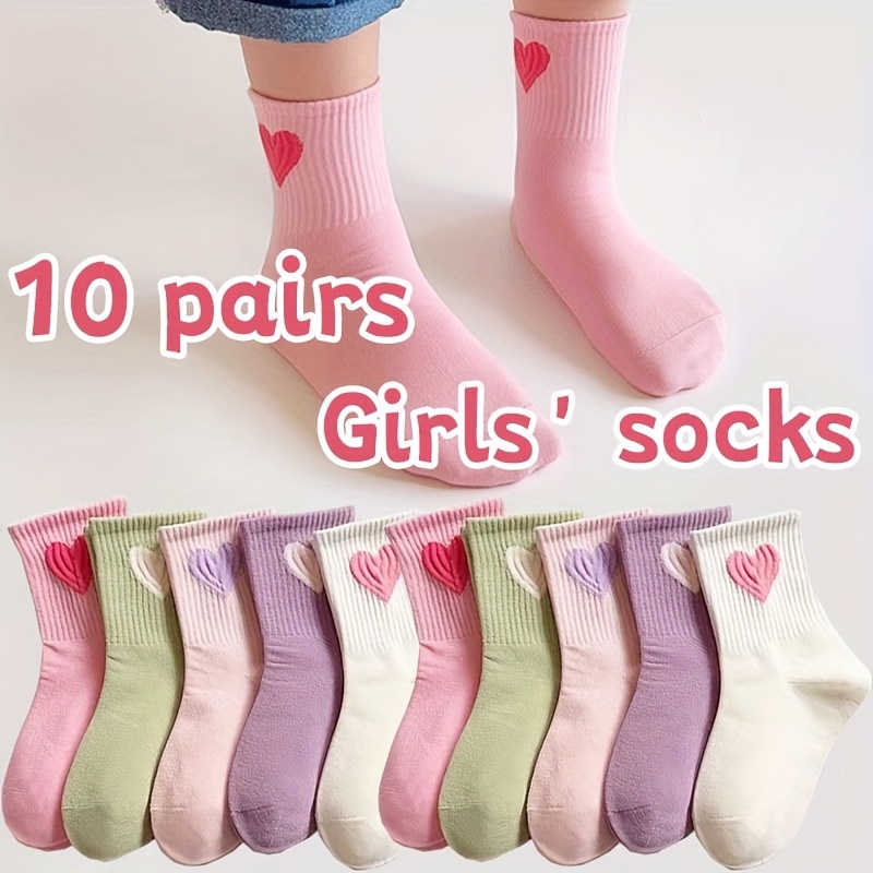 Image of 10 Pairs Of Girls' Mid-calf Socks With Colorful Hearts
